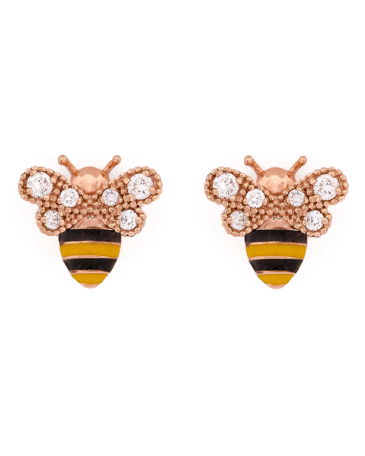 Bee-shaped earrings with rose gold bodies, black and yellow enamel stripes, and diamonds on a white background.