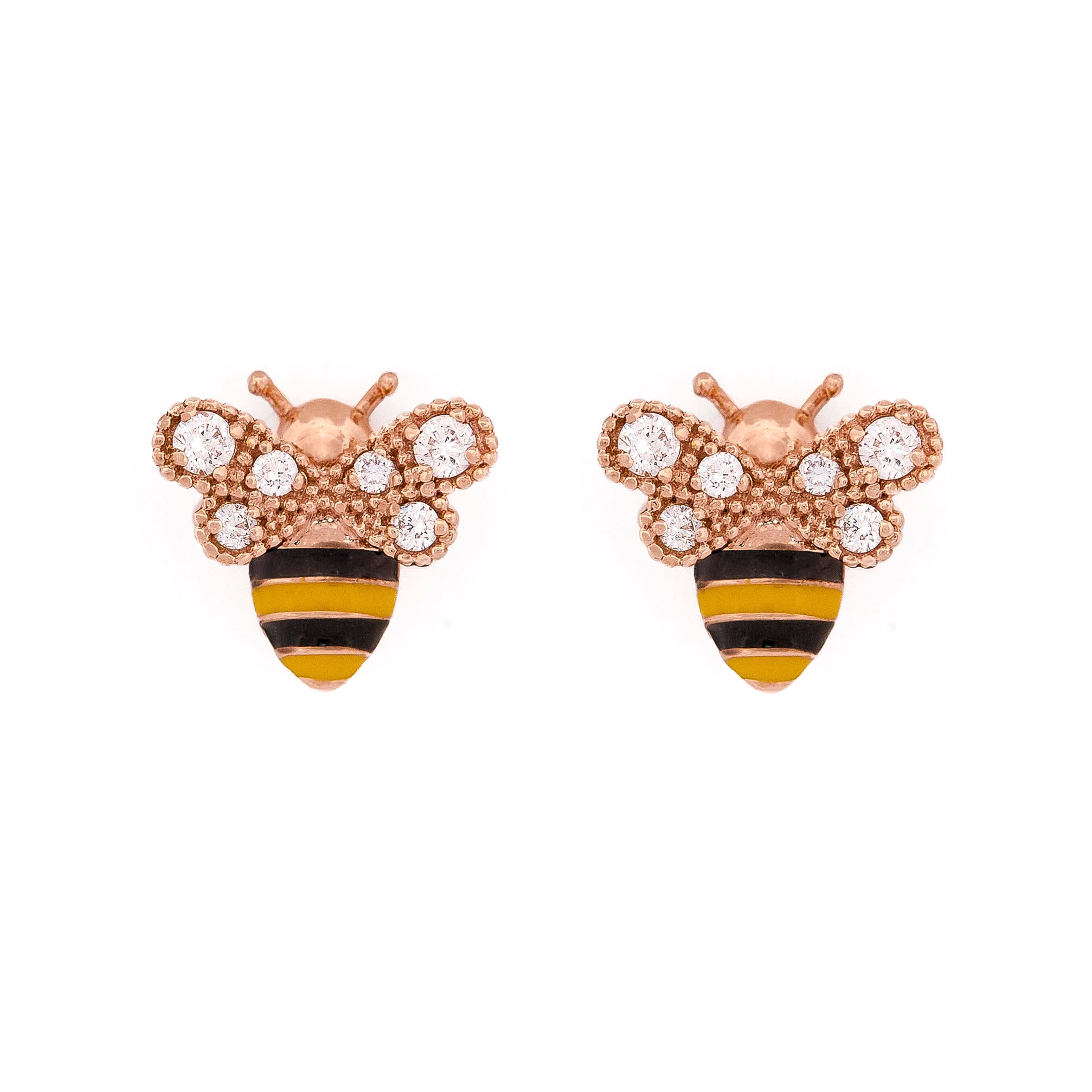 Bee-shaped earrings with rose gold bodies, black and yellow enamel stripes, and diamonds on a white background.