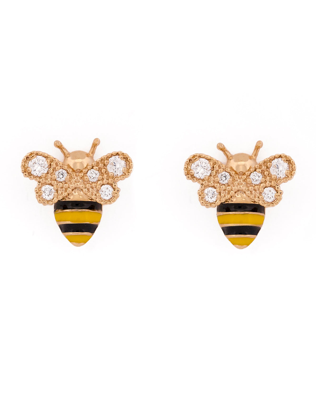 Gold bee-shaped earrings with black and yellow enamel and round diamonds on wings stripes on a white background