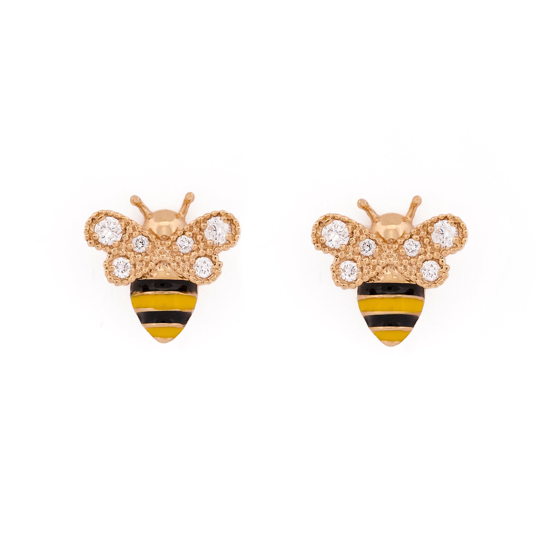 Gold bee-shaped earrings with black and yellow enamel and round diamonds on wings stripes on a white background