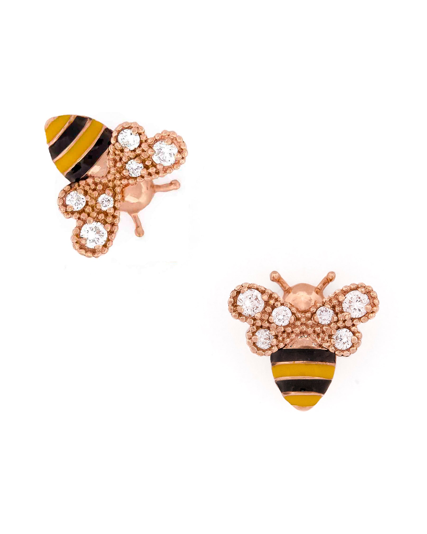 Rose Gold bee-shaped earrings with black and yellow enamel and round diamonds on wings stripes on a white background