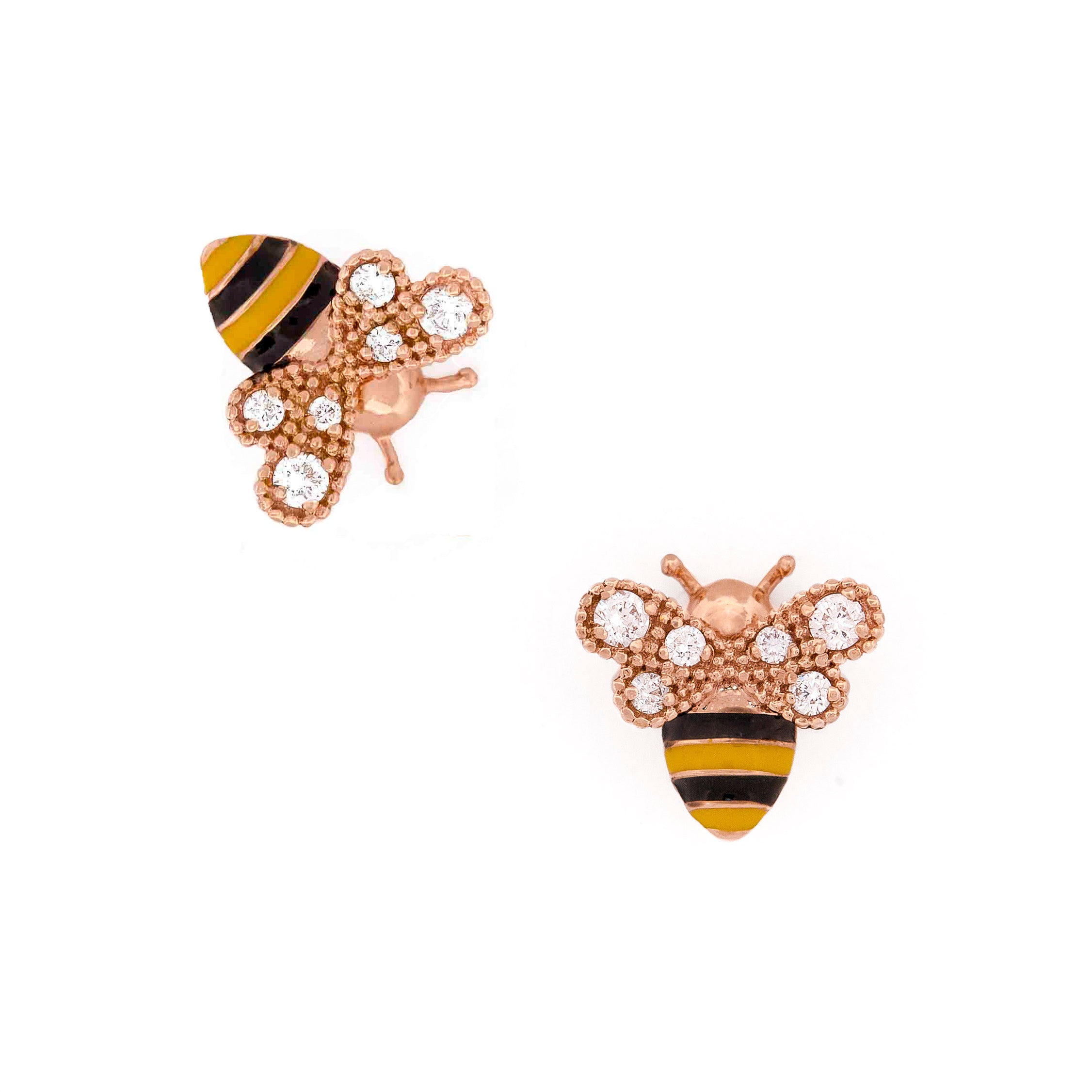 Rose Gold bee-shaped earrings with black and yellow enamel and round diamonds on wings stripes on a white background
