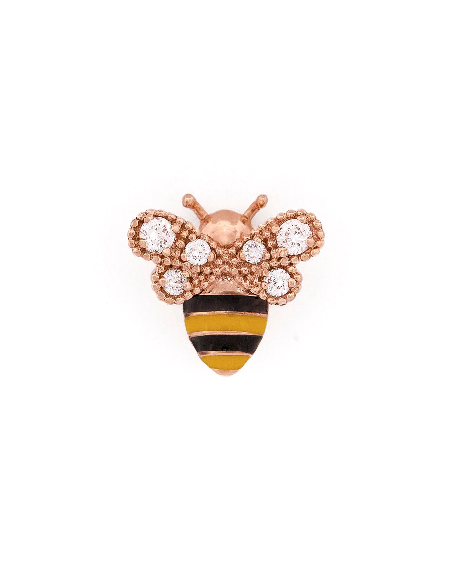 Rose Gold bee-shaped earring with black and yellow enamel and round diamonds on wings stripes on a white background