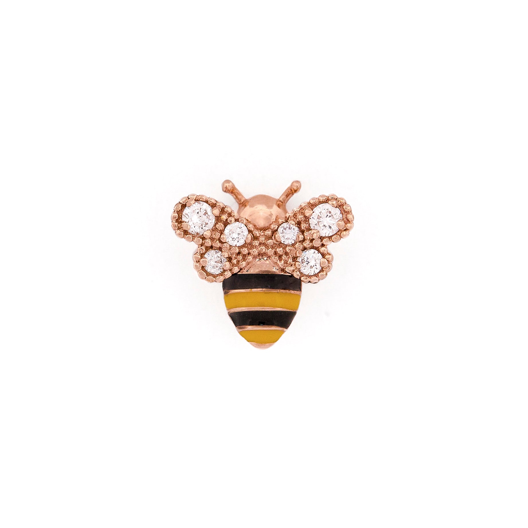 Rose Gold bee-shaped earring with black and yellow enamel and round diamonds on wings stripes on a white background