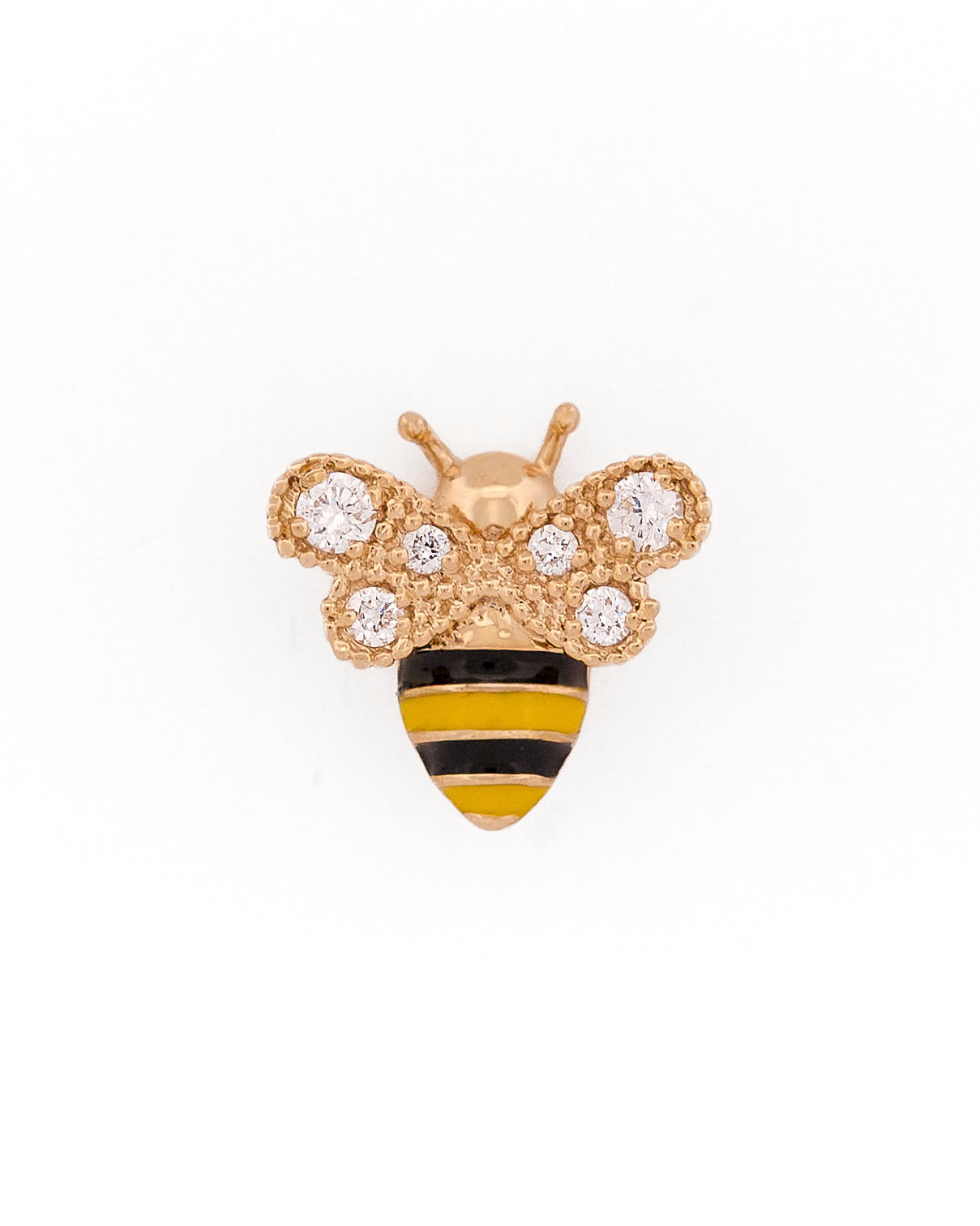Yellow Gold bee-shaped earring with black and yellow enamel and round diamonds on wings stripes on a white background