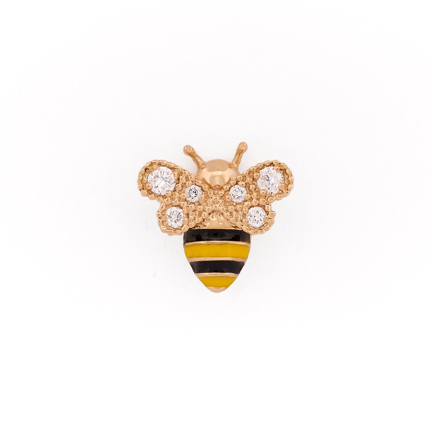 Yellow Gold bee-shaped earring with black and yellow enamel and round diamonds on wings stripes on a white background