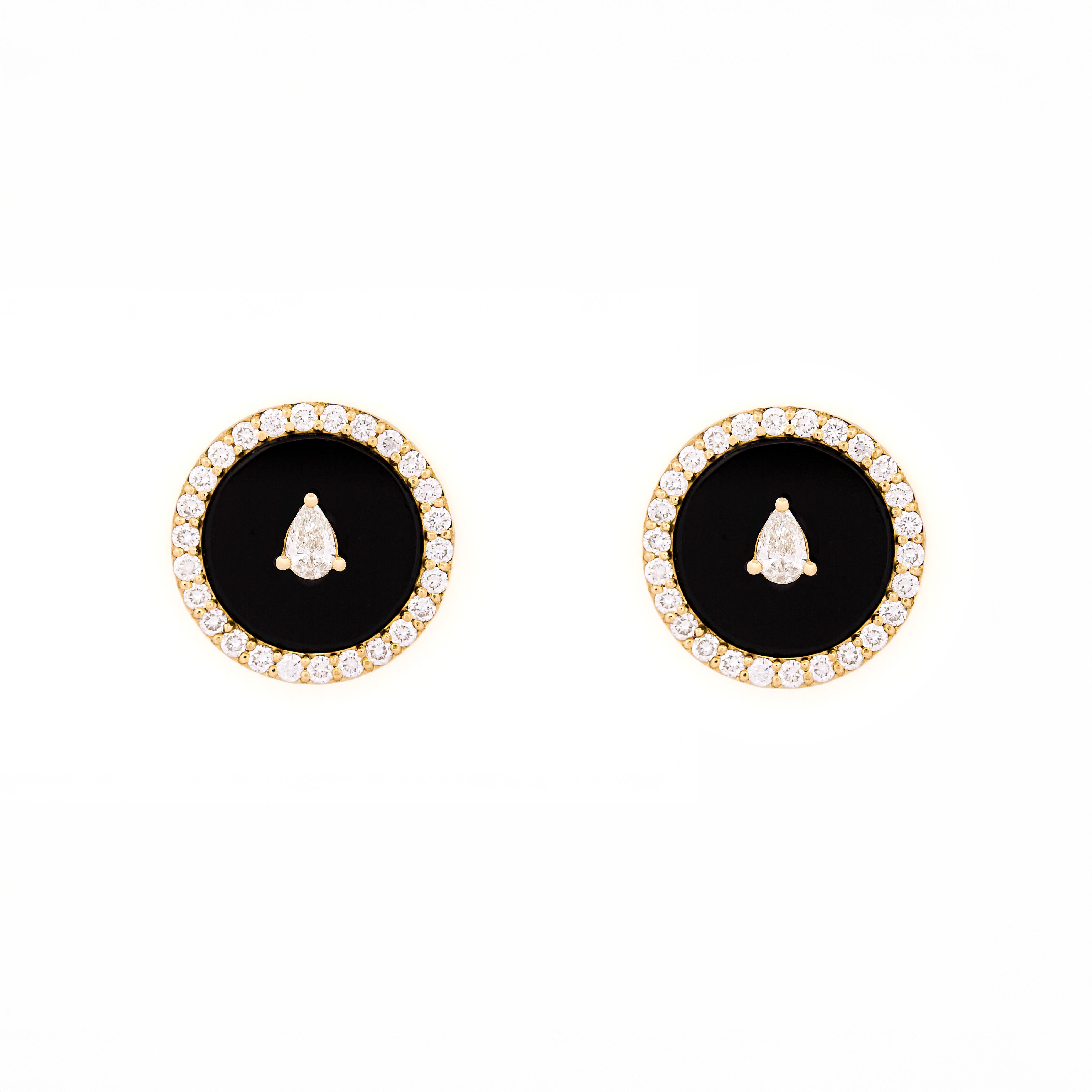 Pair of earrings with black onyx center stone and teardrop and round shape diamonds accents on a white background