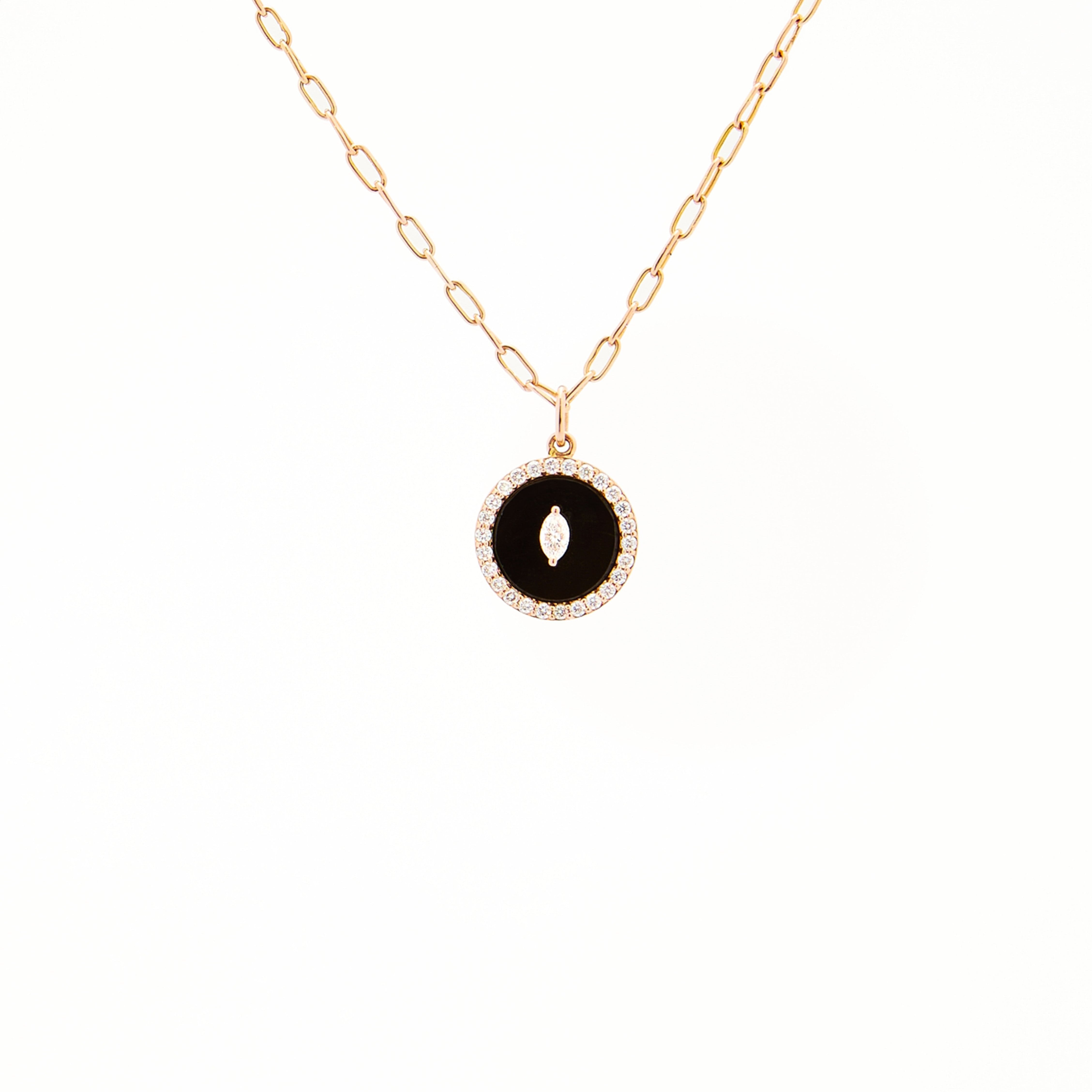 Black Onyx and Marquise Diamond Protection Pendant on Signature Paperclip Chain