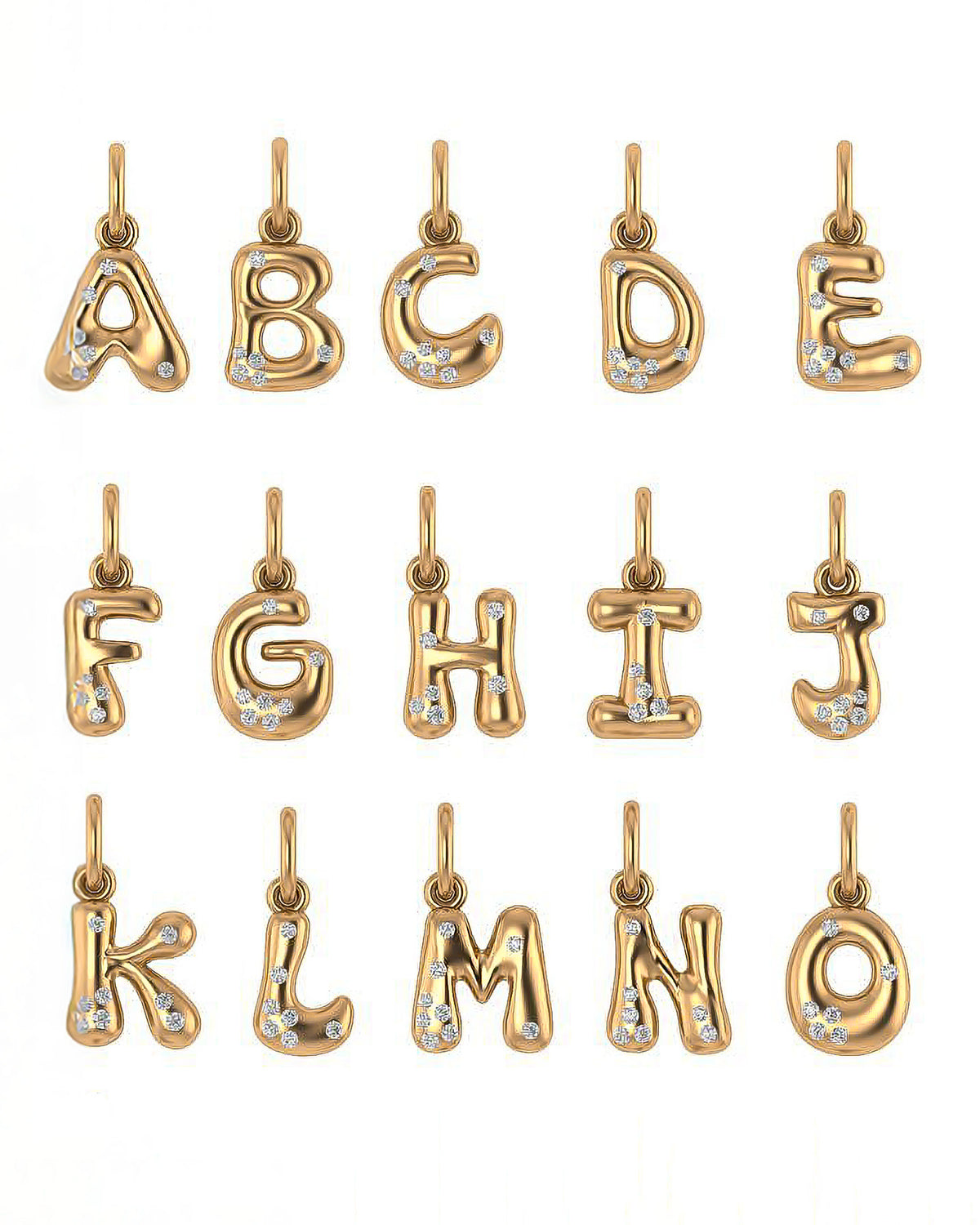 Gold letter and sprinkled diamonds pendants from A to O on a white background