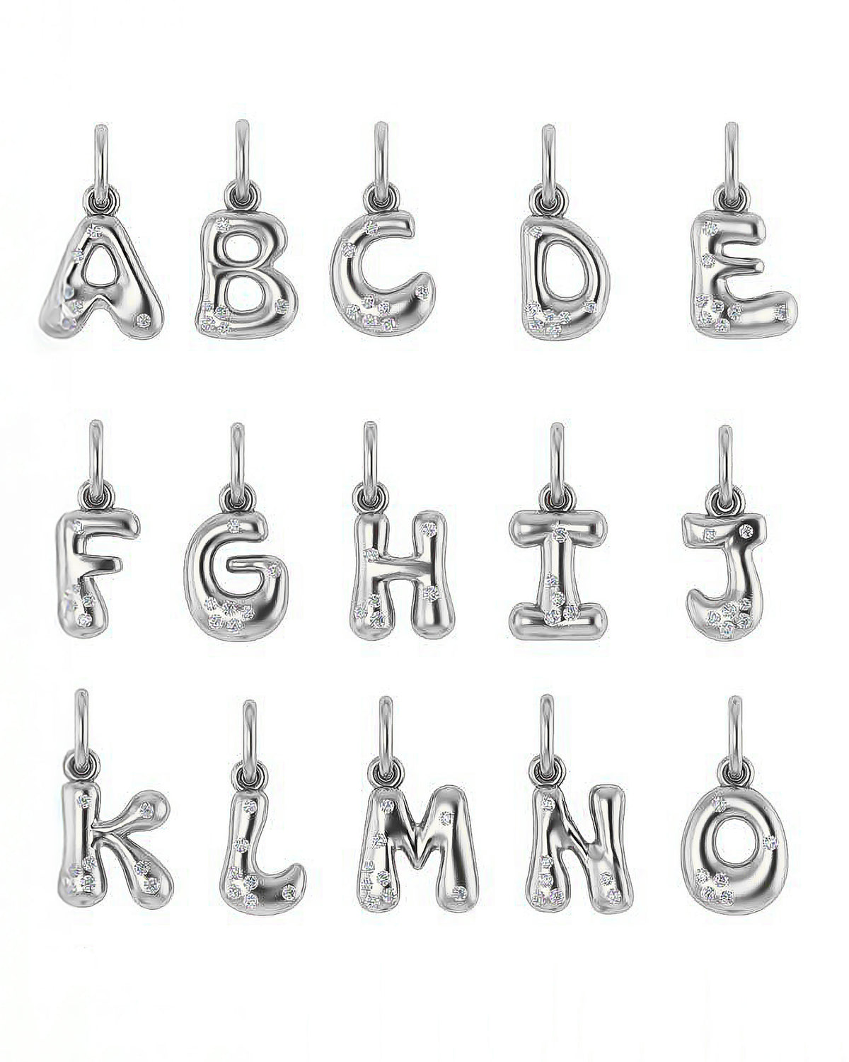 Gold letter pendants with sprinkled diamonds on a white background