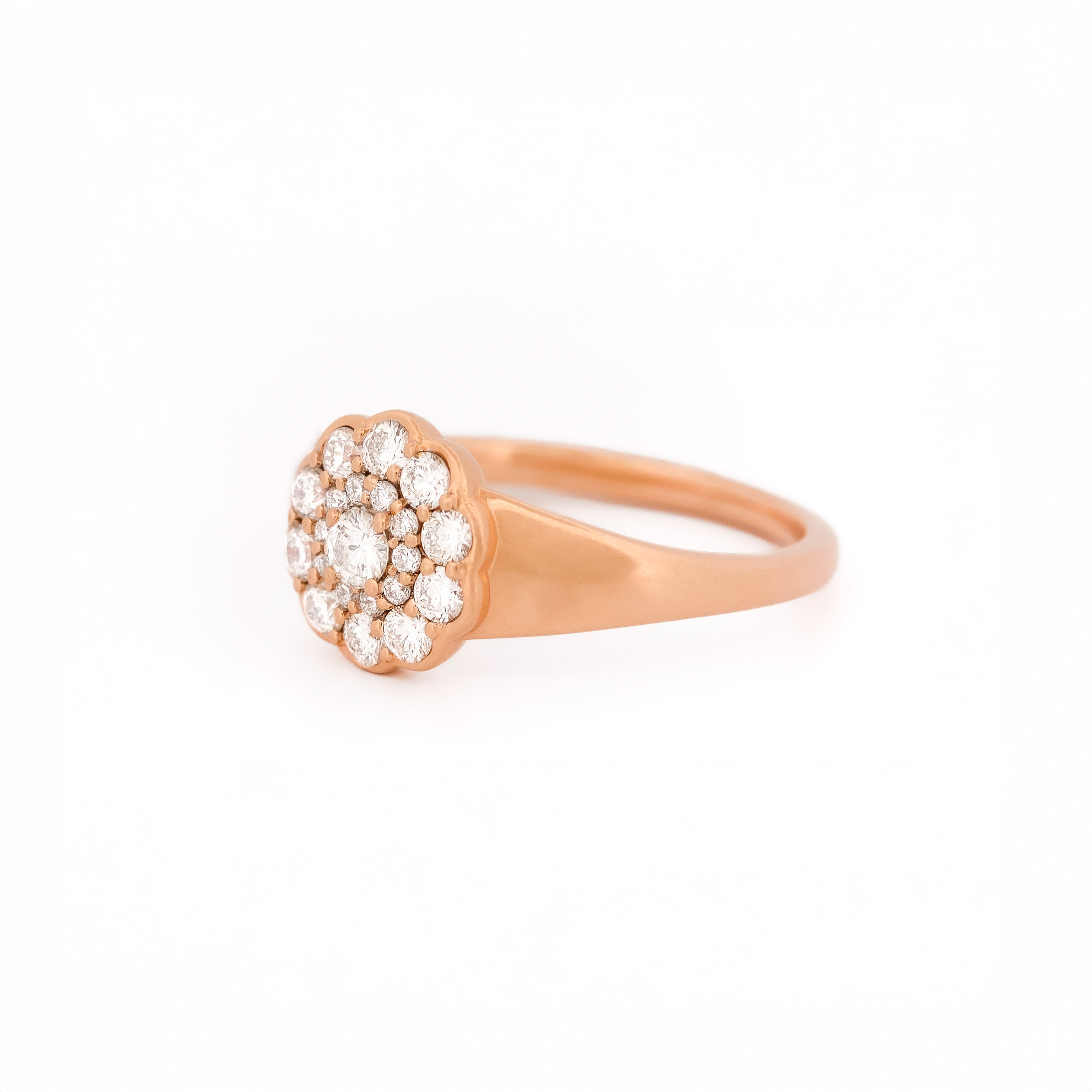 Rose gold ring with diamond cluster on a white background