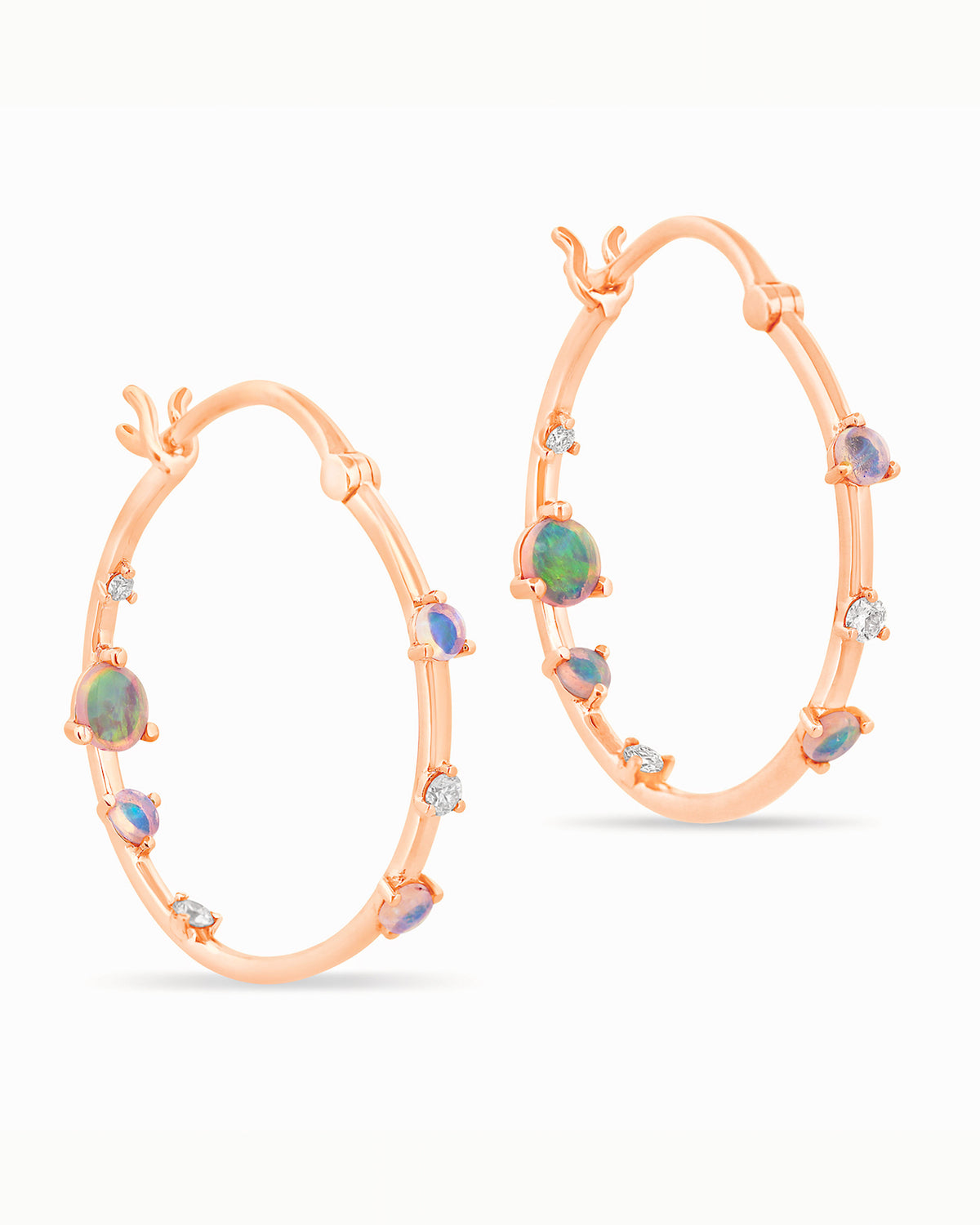 Rose Gold hoop earrings with embedded Australian opals and diamonds on a white background.