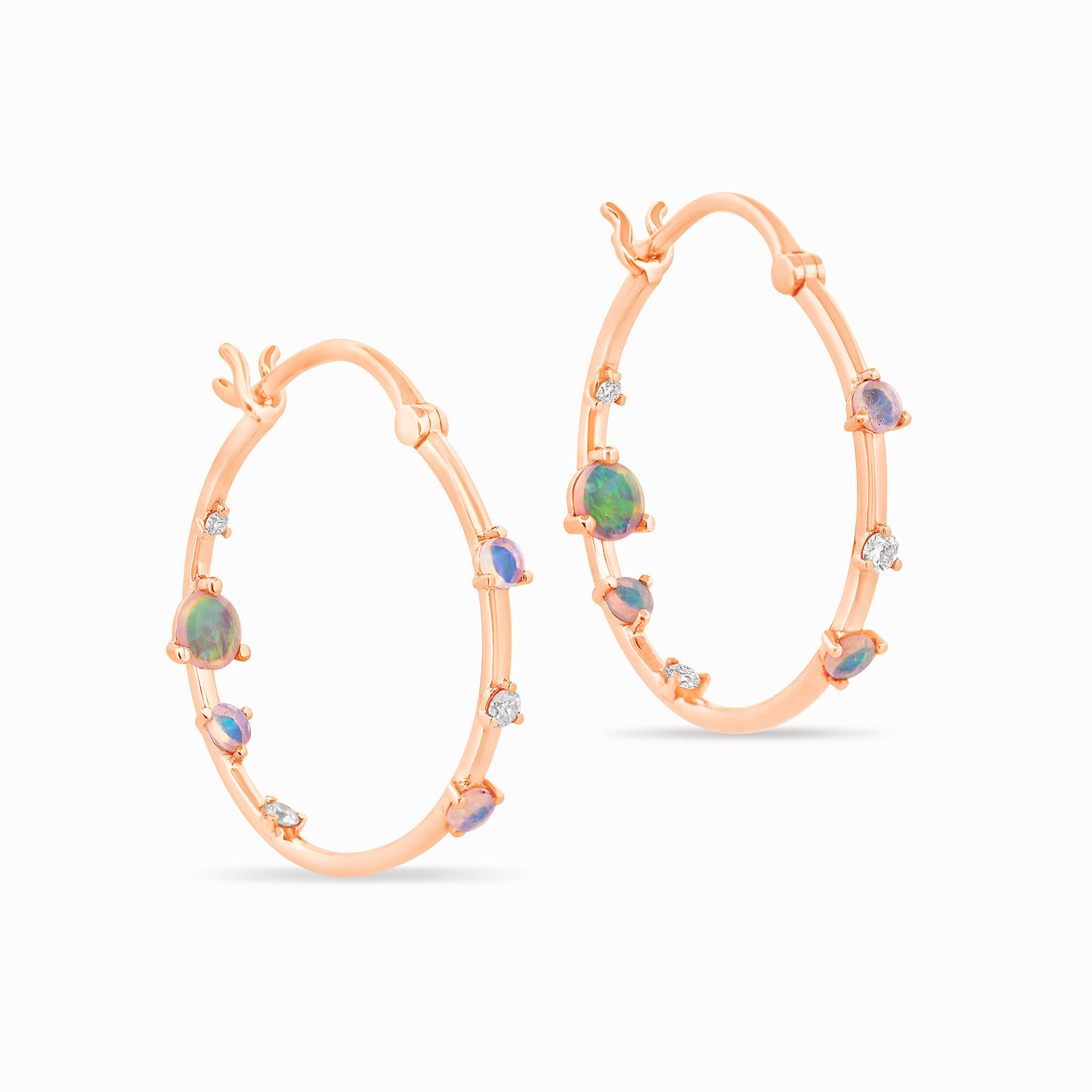 Rose Gold hoop earrings with embedded Australian opals and diamonds on a white background.