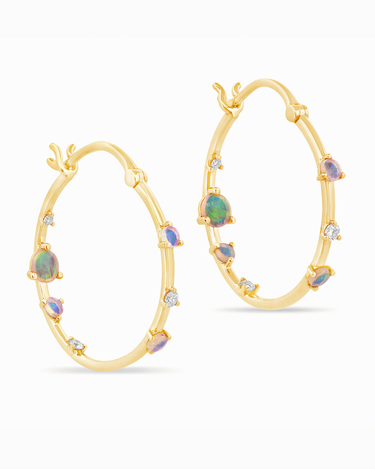 Gold hoop earrings with embedded Australian opals and diamonds on a white background.