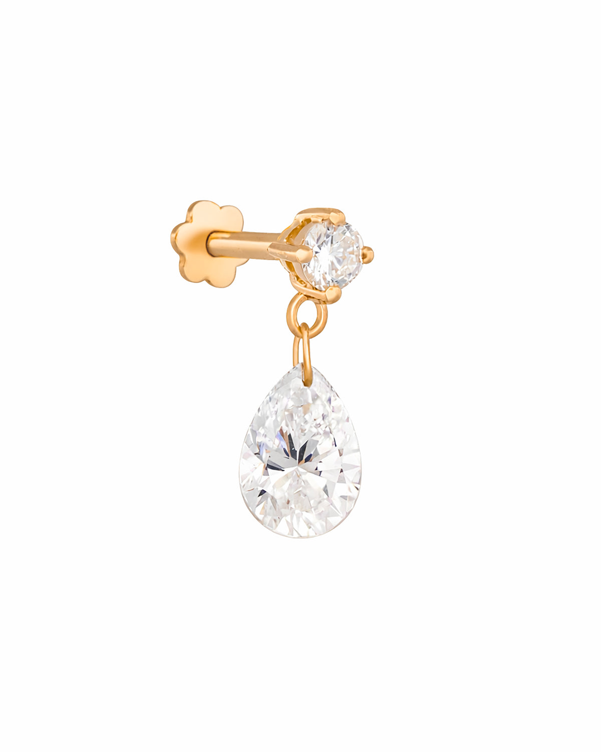 Gold earring with a teardrop-shaped Diamond on a white background