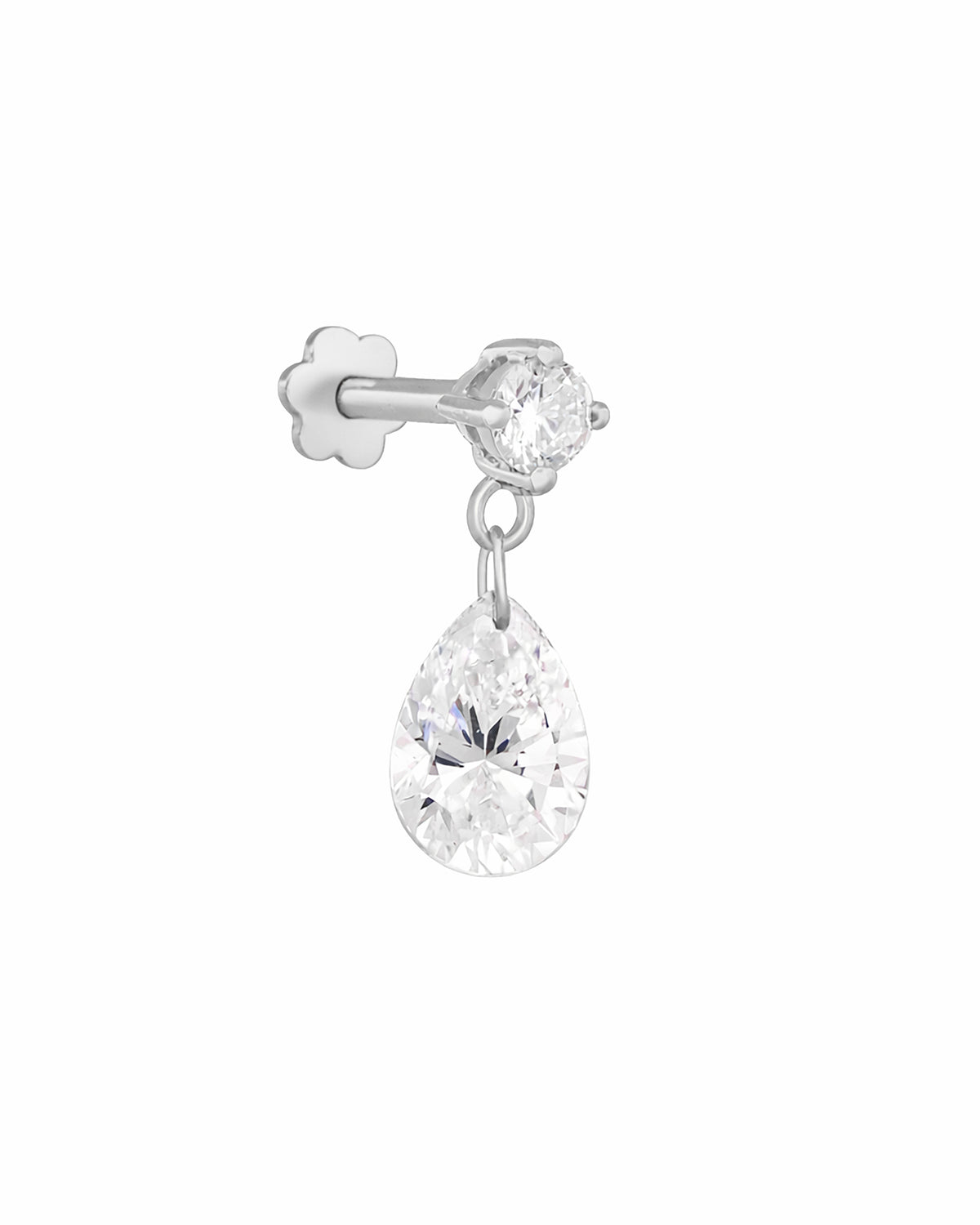 Gold earring with a teardrop-shaped Diamond on a white background