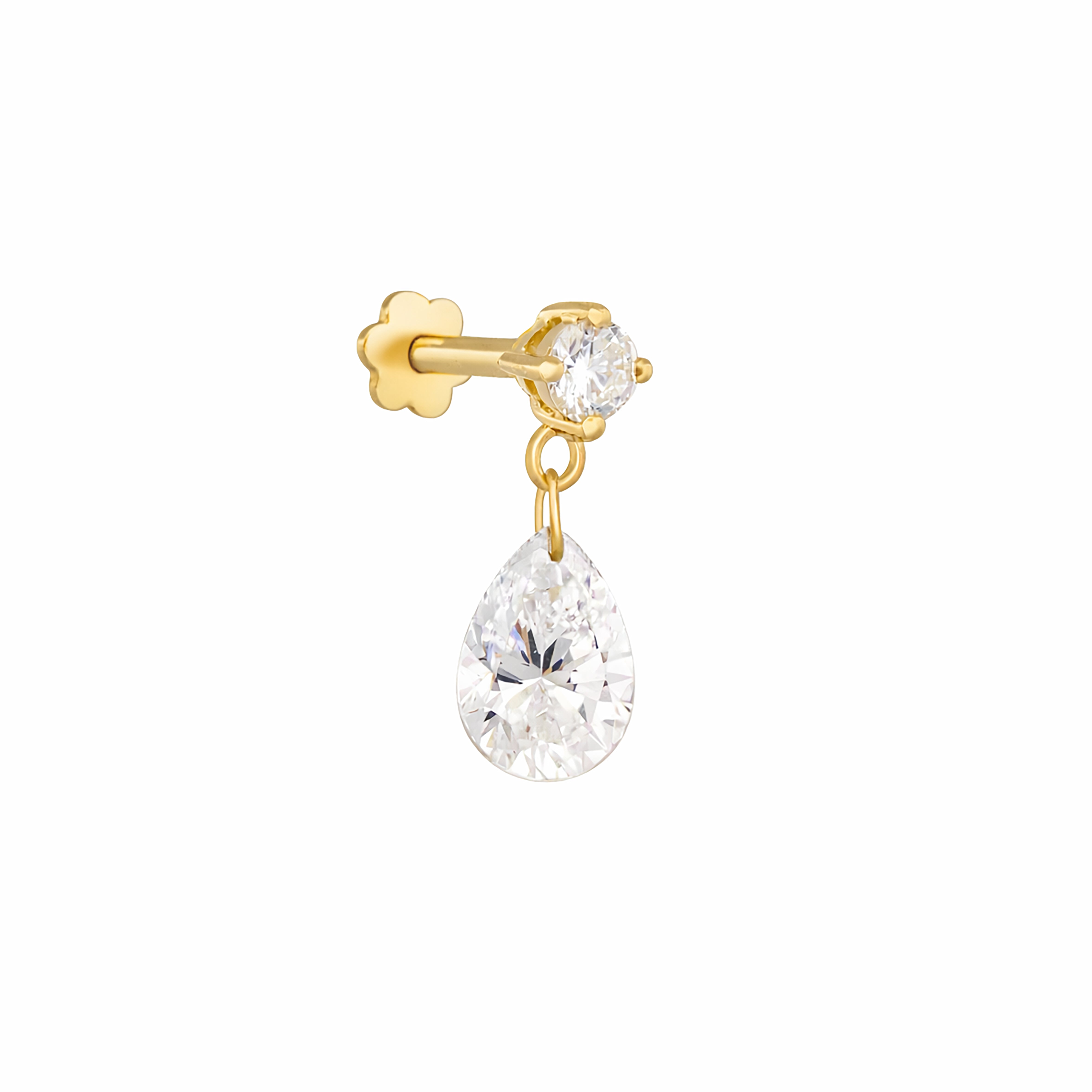 Gold earring with a teardrop-shaped Diamond on a white background