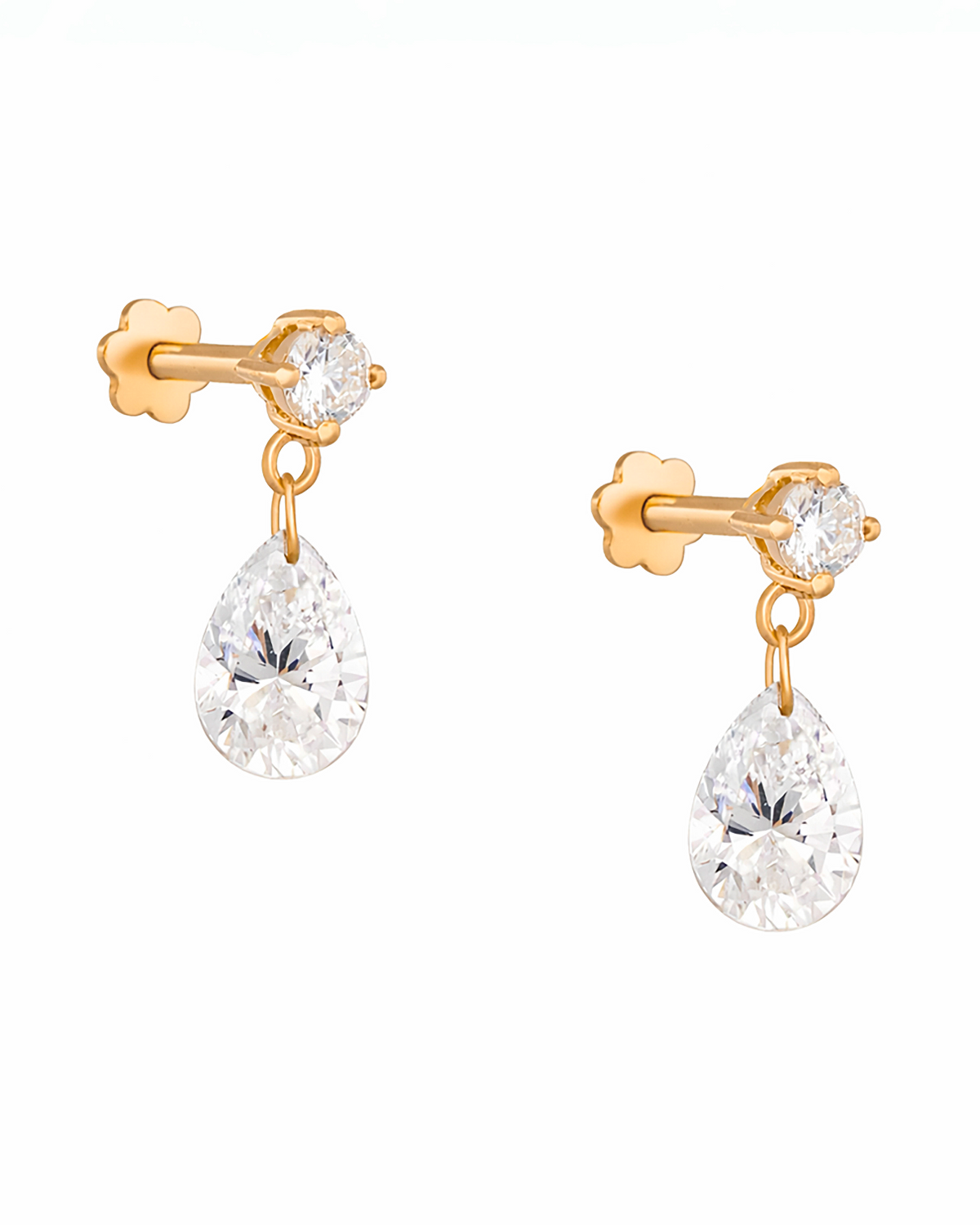 Gold earrings with teardrop-shaped Diamonds on a white background