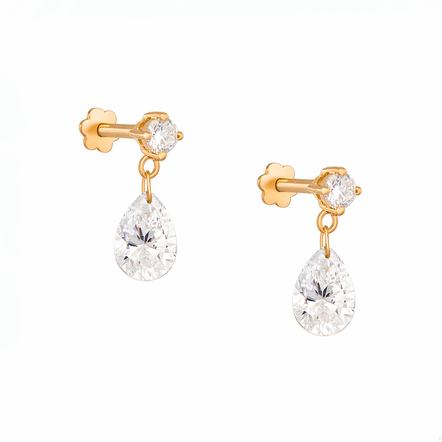 Gold earrings with teardrop-shaped Diamonds on a white background