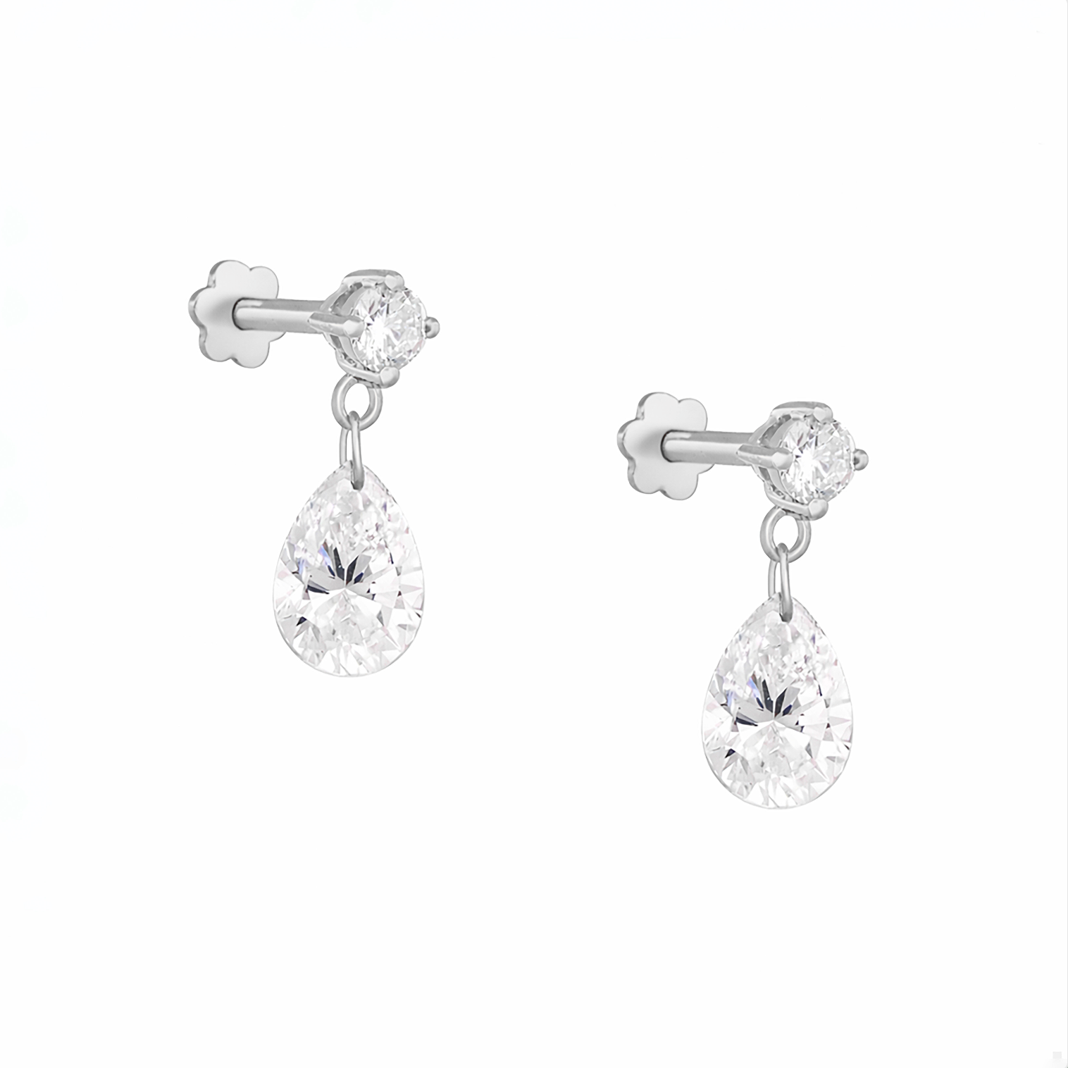 Gold earrings with teardrop-shaped Diamonds on a white background