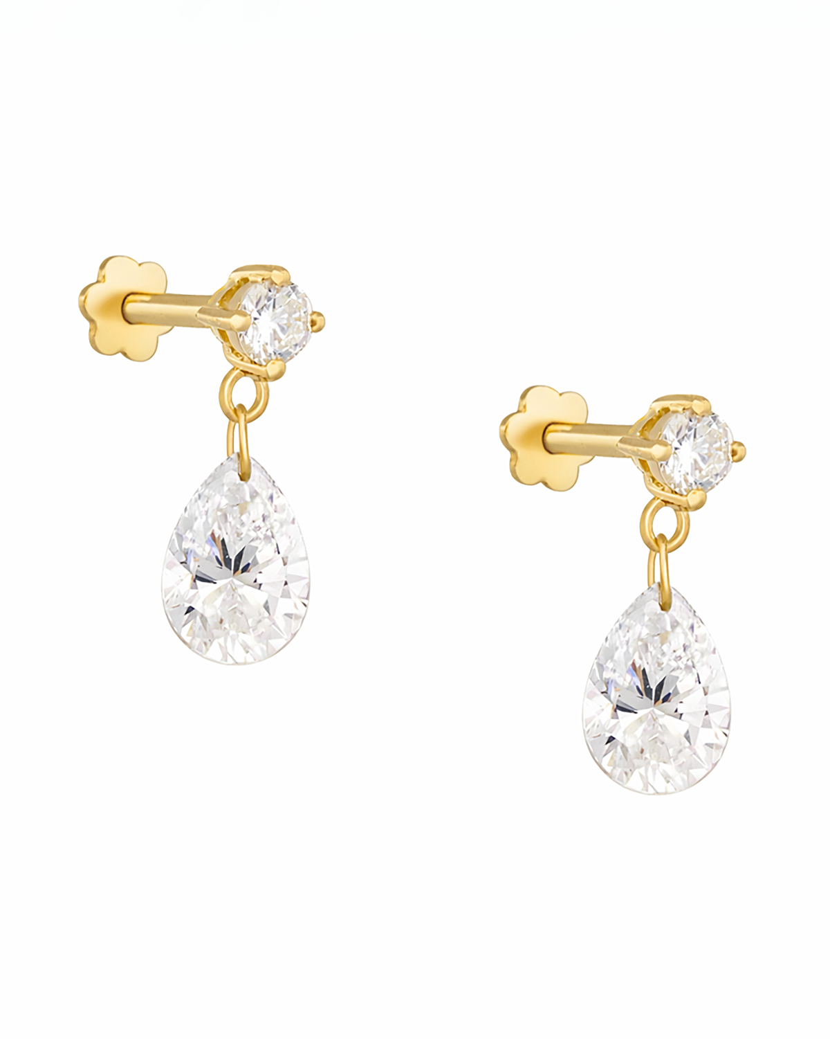 Gold earrings with teardrop-shaped Diamonds on a white background