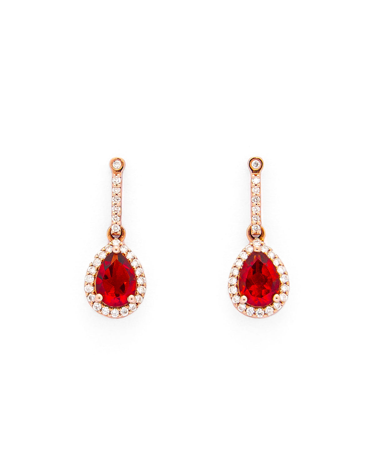 teardrop earring in red gold with diamonds and a teardrop fiery citrine