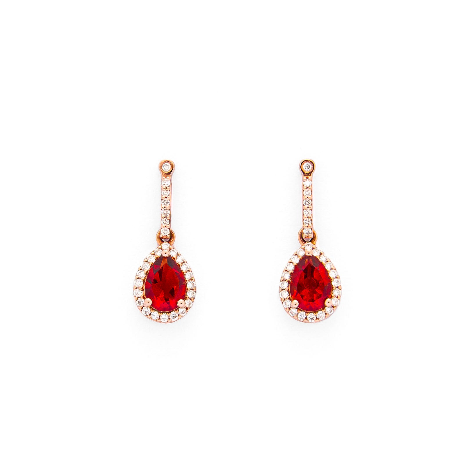teardrop earring in red gold with diamonds and a teardrop fiery citrine