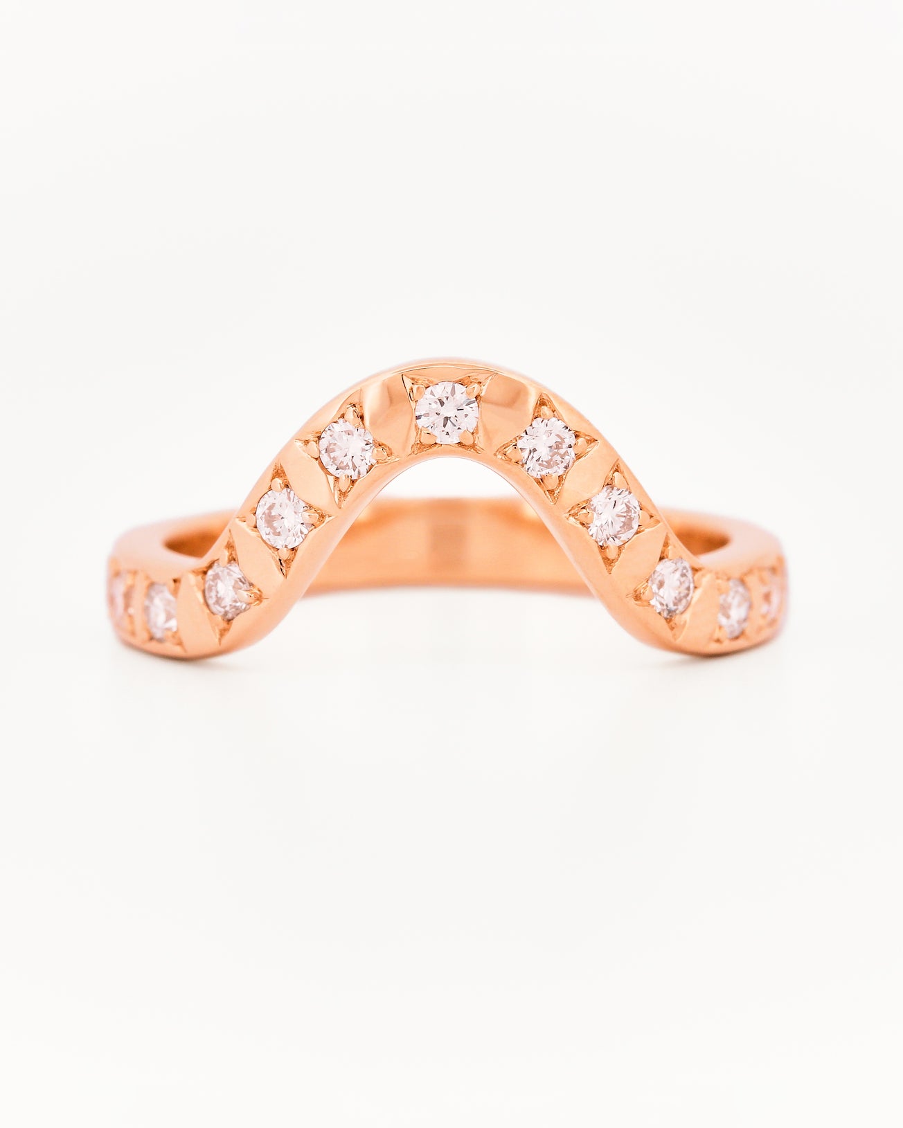 Rose gold 2.5 mm band ring with 13 round diamonds on a white background.