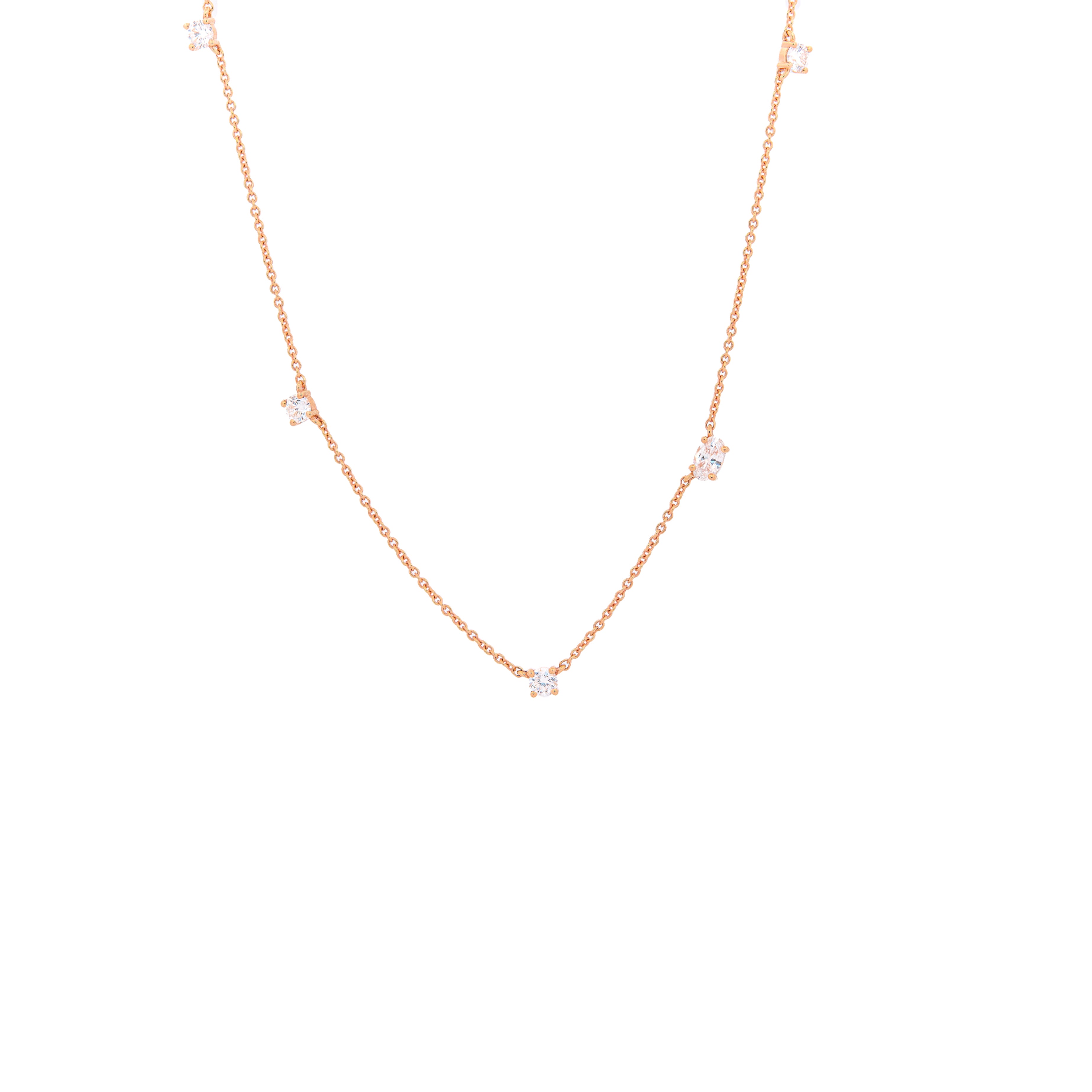Rose gold necklace with small diamonds on a white background