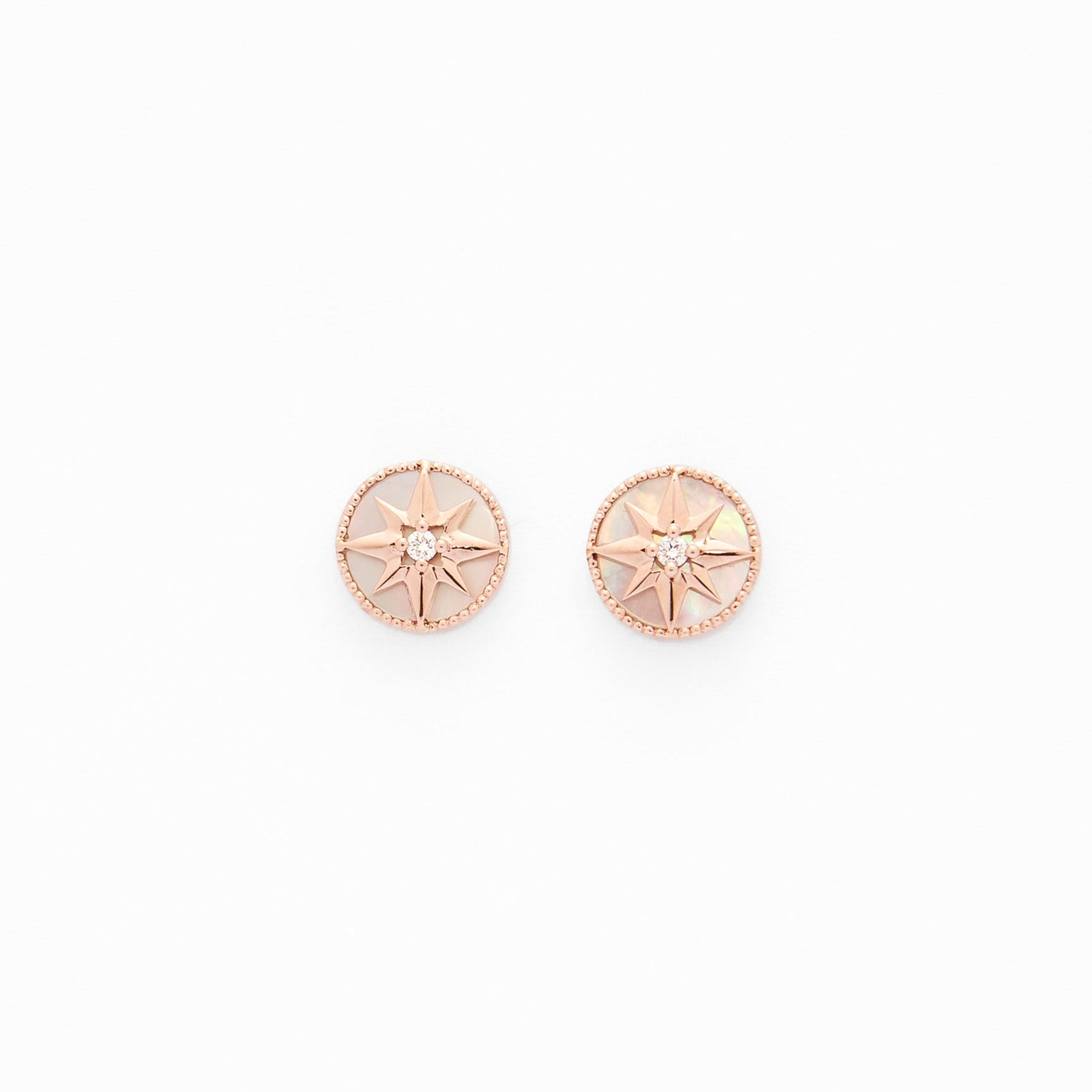 Rose gold Mother of Pearl earrings with a north star in the middle and a white diamond center piece. Elegant and versatile.