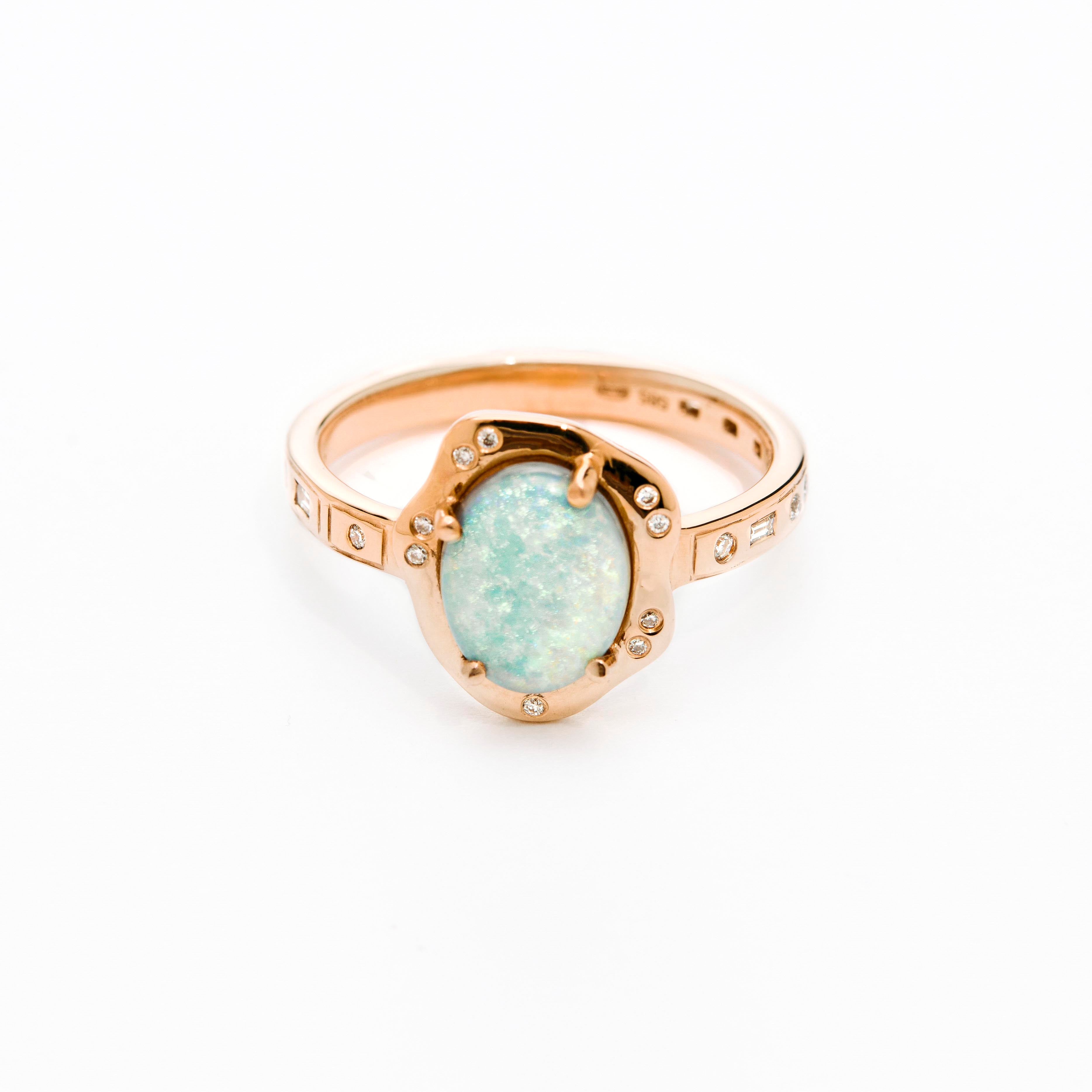 Australian opal ring with morse code diamonds on the band