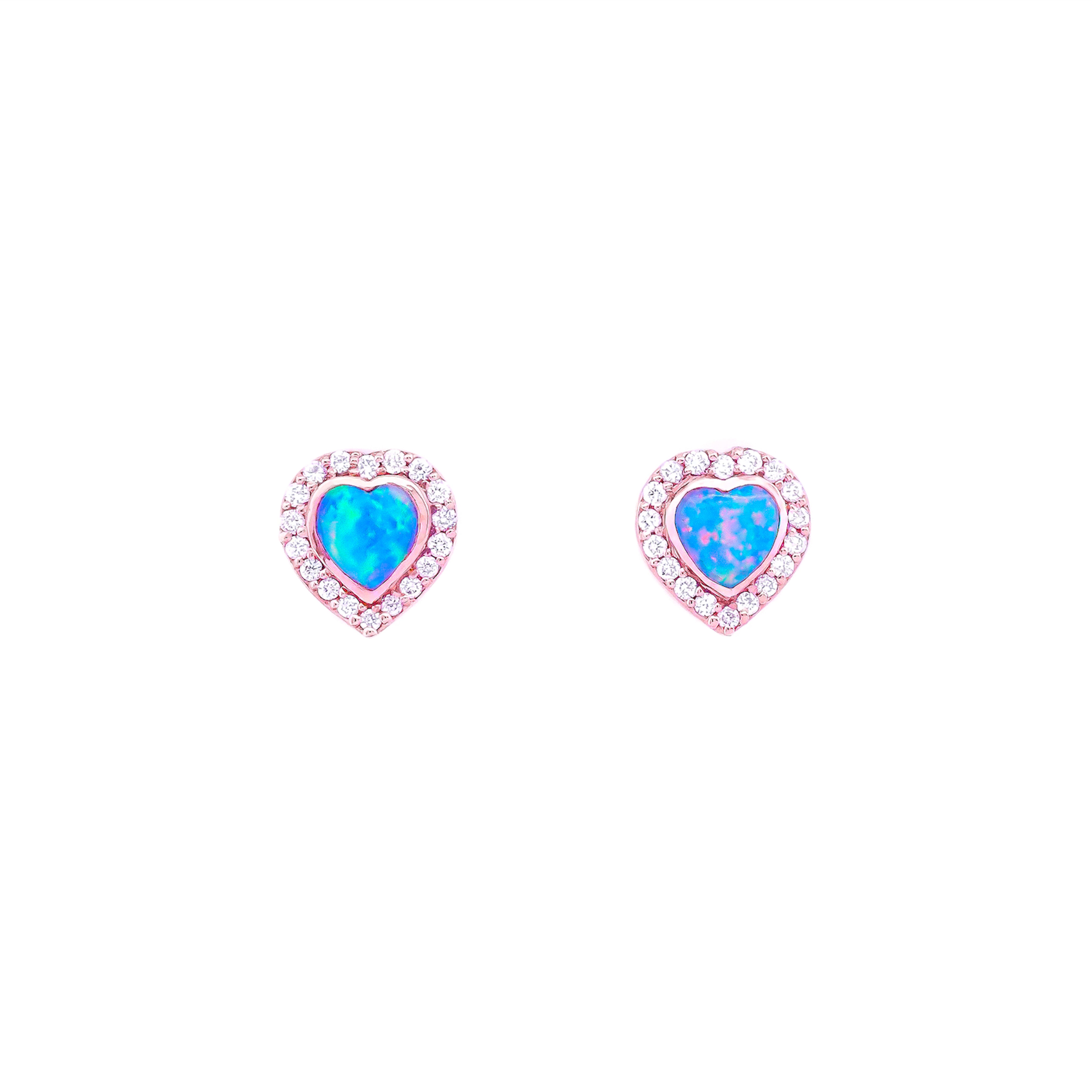 Heart-shaped Australian opal and Diamonds earrings in rose gold on a white background