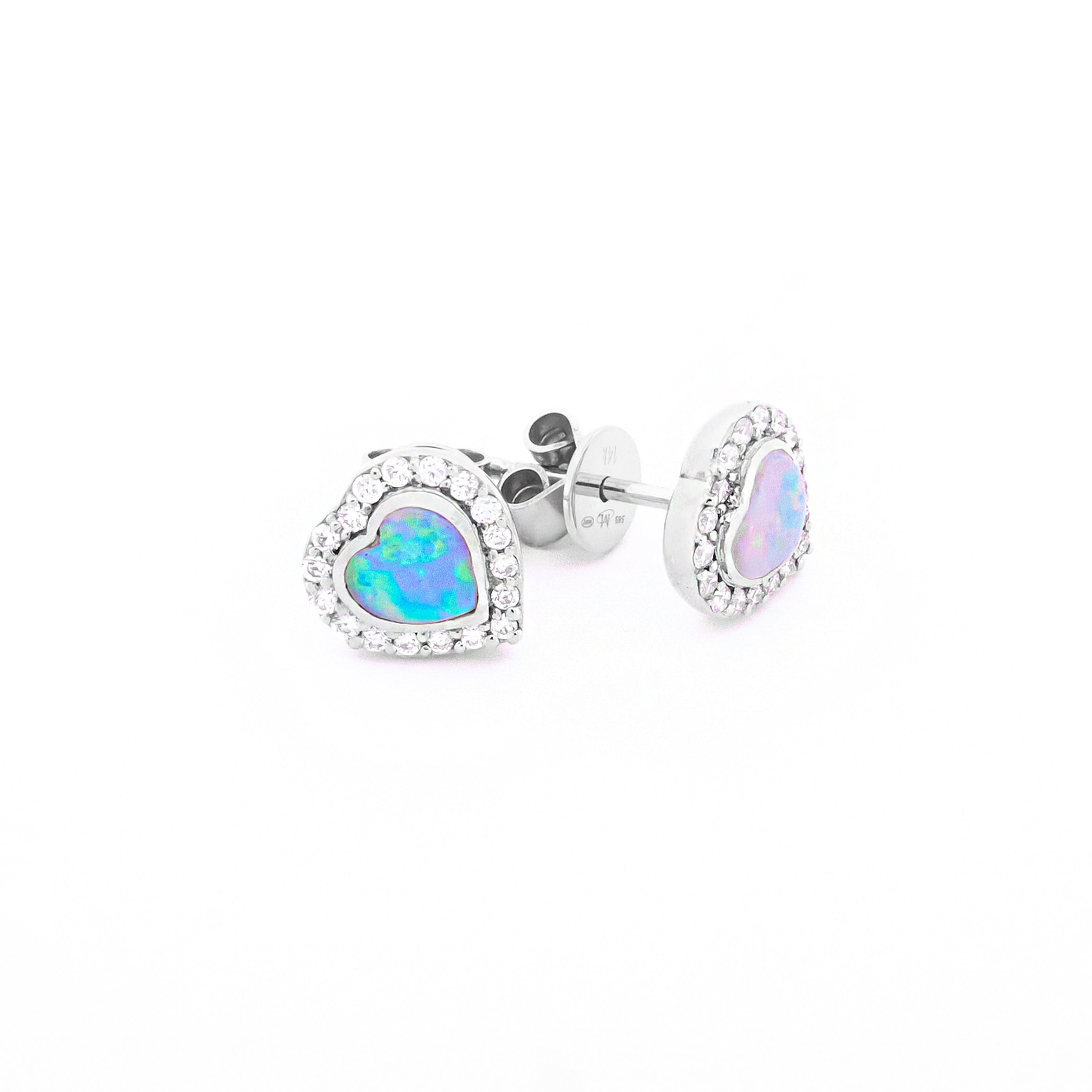 Heart-shaped Australian opal and Diamonds earrings in white gold on a white background