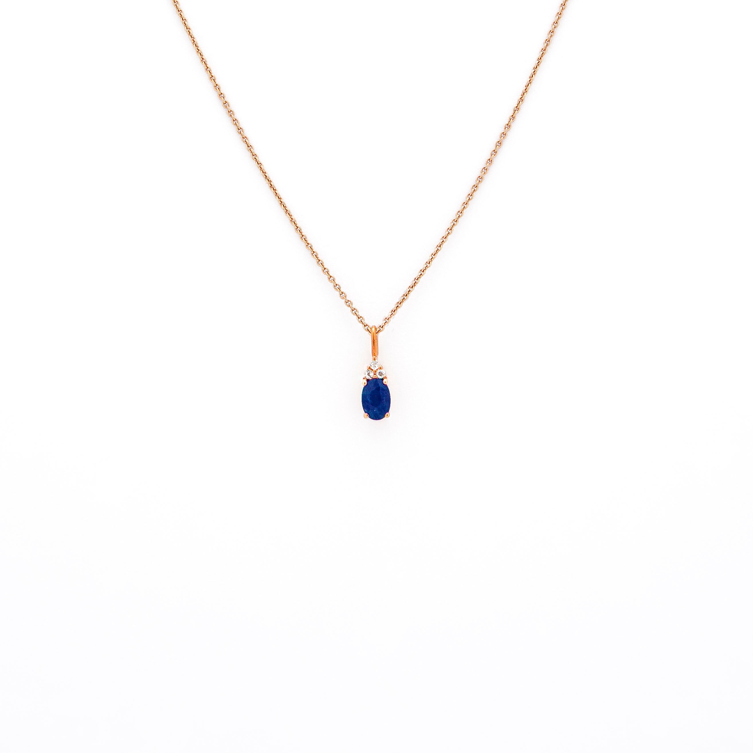 chain necklace, chain, blue sapphire pendant, blue sapphire and diamonds pendant on chain in rose gold