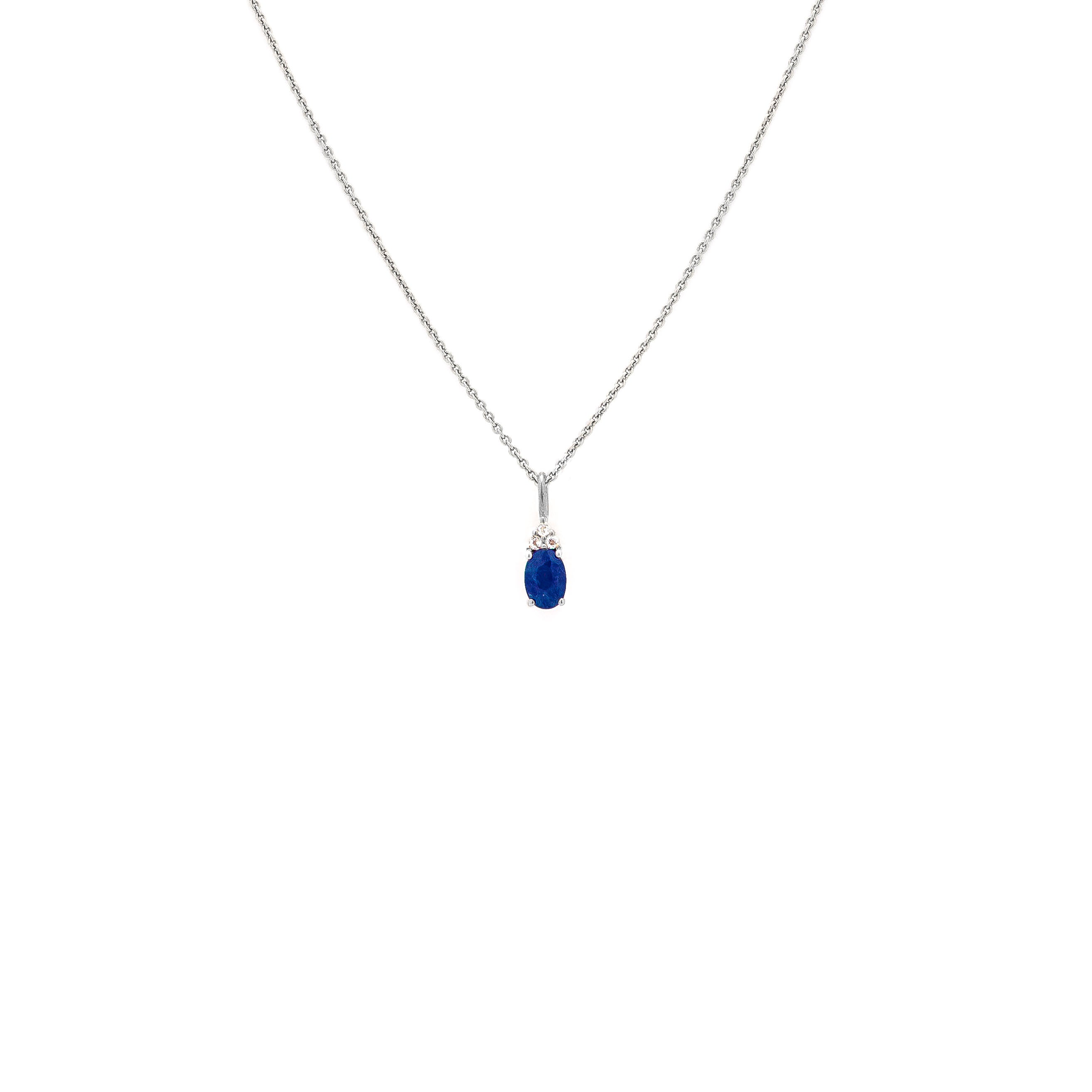 chain necklace, chain, blue sapphire pendant, blue sapphire and diamonds pendant on chain in white gold