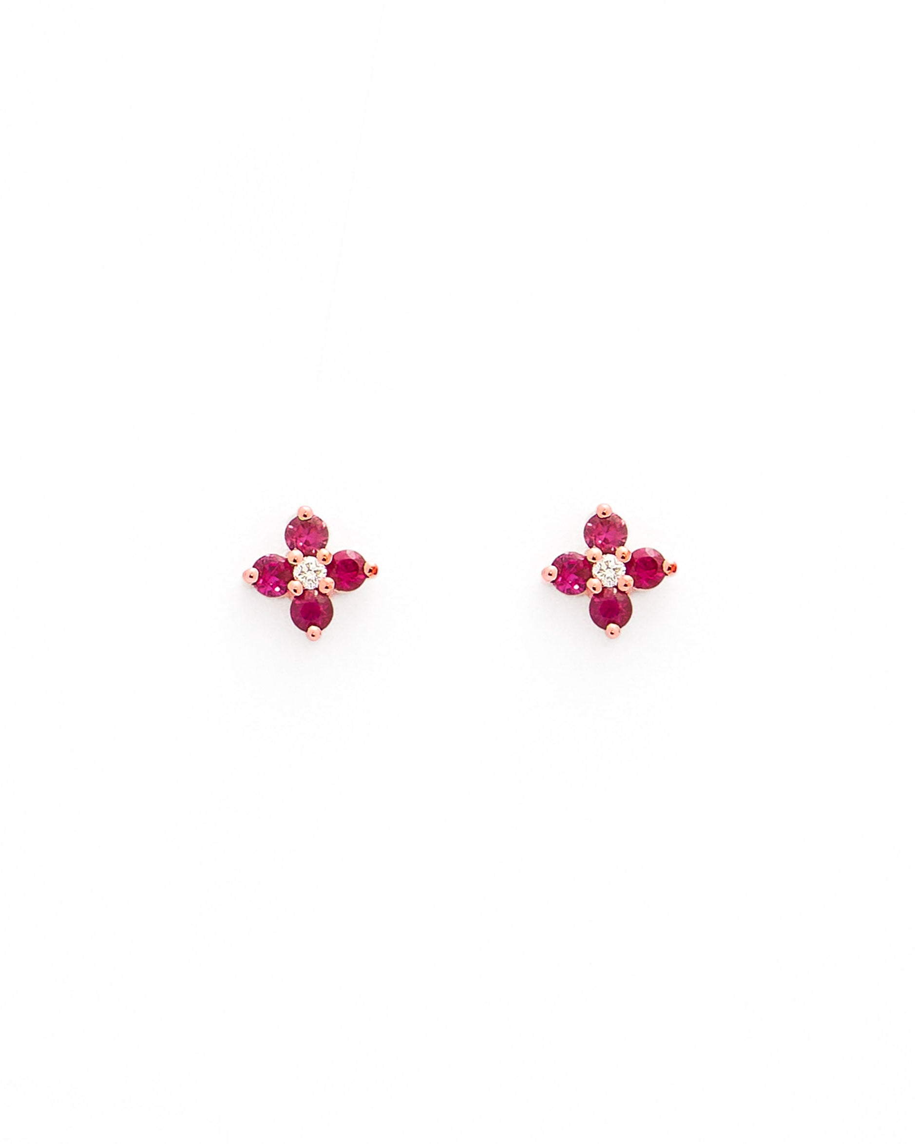 Sweet little ruby flowers and diamonds stud earrings in rose gold