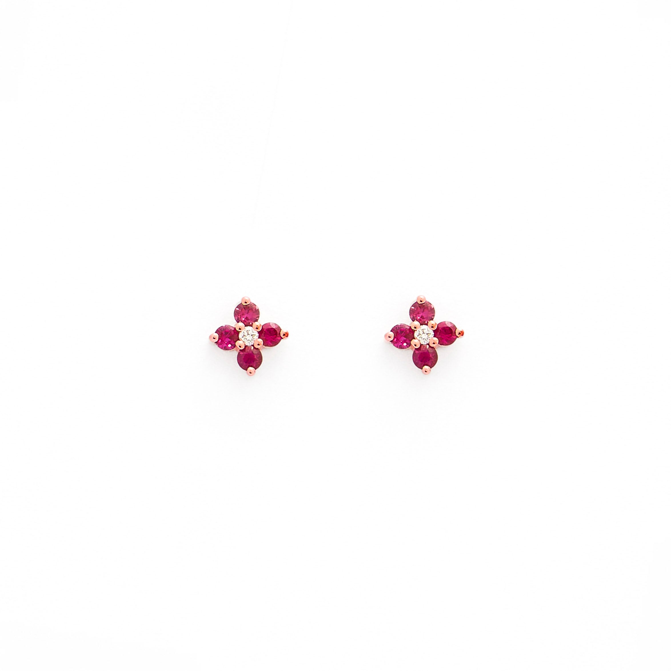 Sweet little ruby flowers and diamonds stud earrings in rose gold