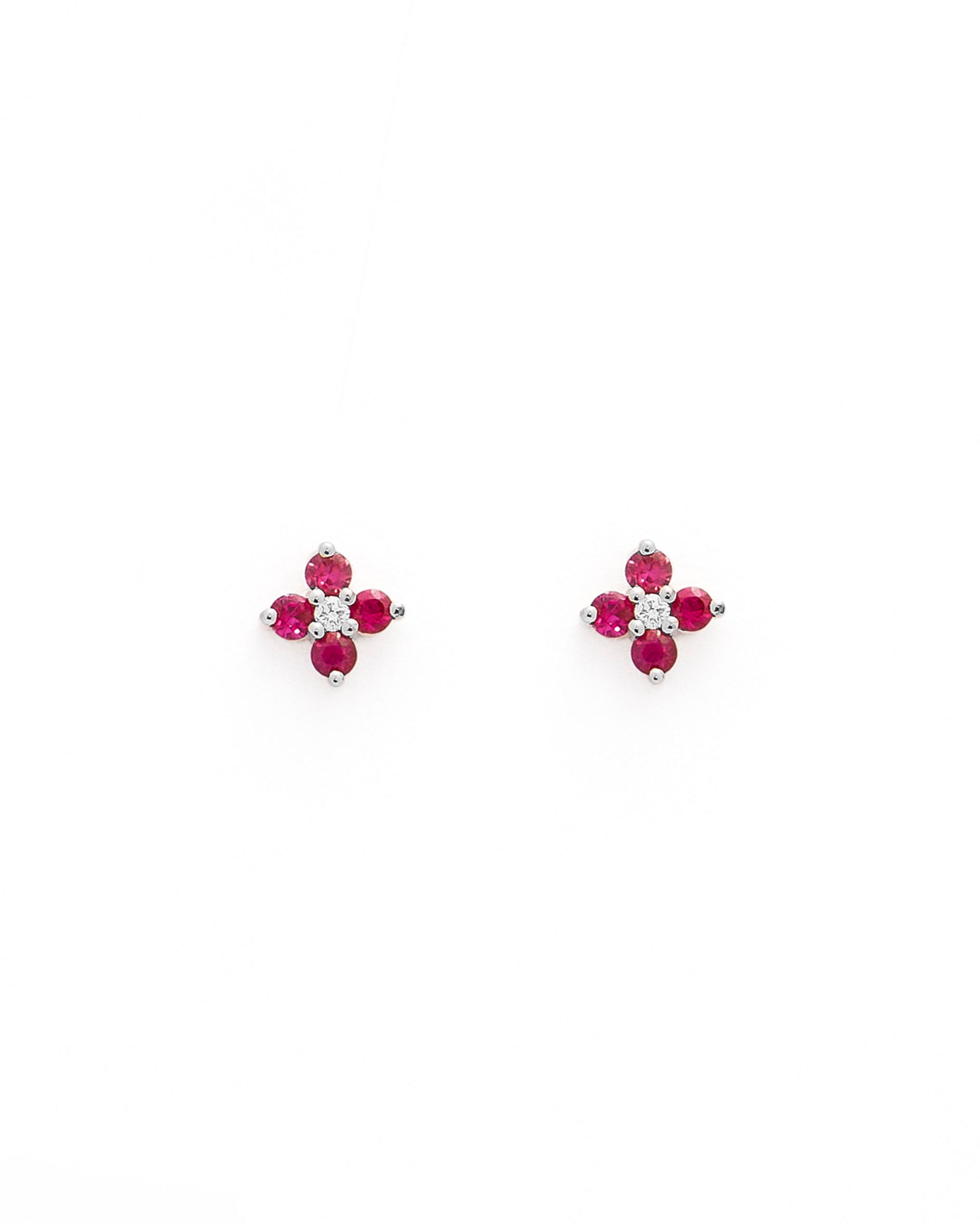 Sweet little ruby flowers and diamonds stud earrings in white gold