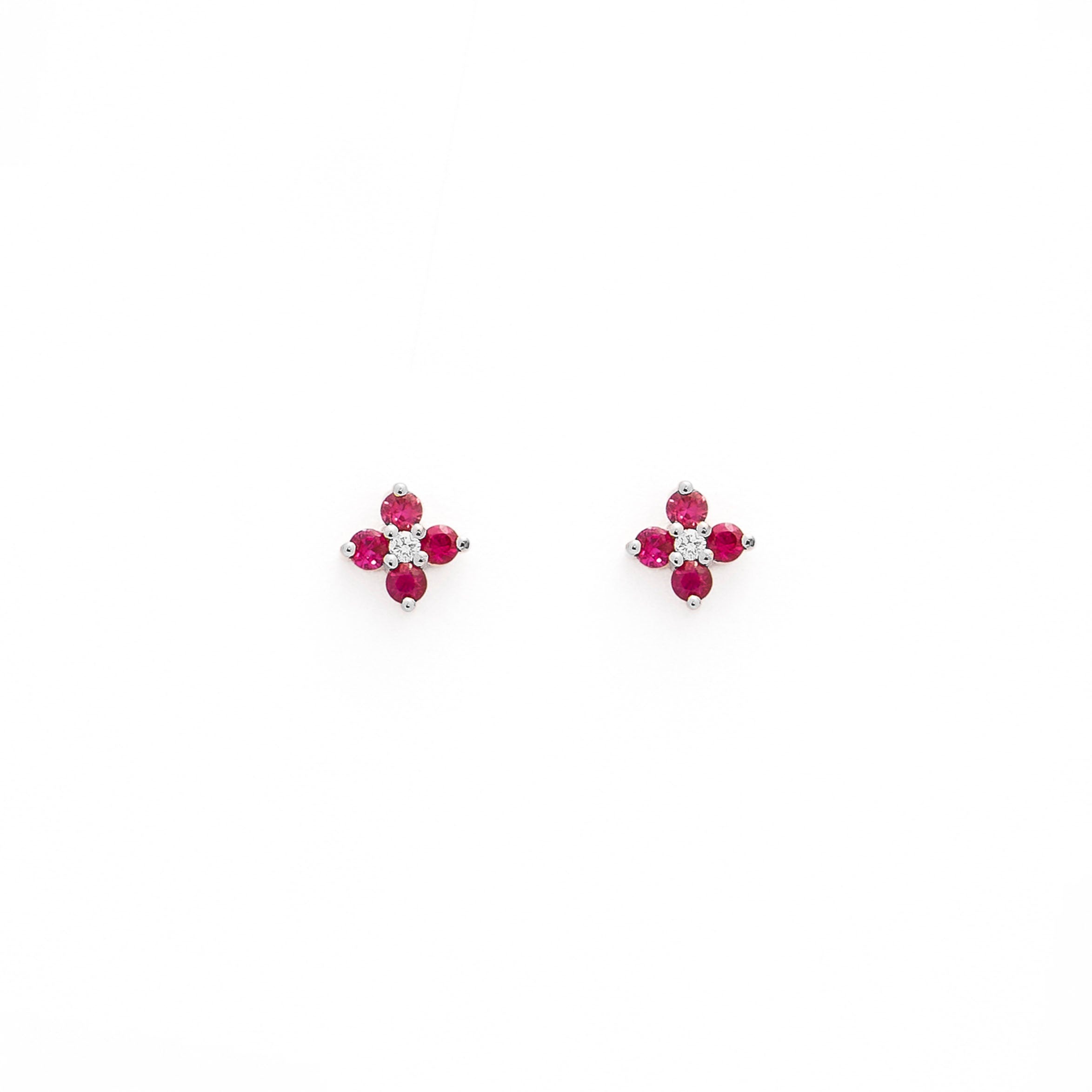 Sweet little ruby flowers and diamonds stud earrings in white gold