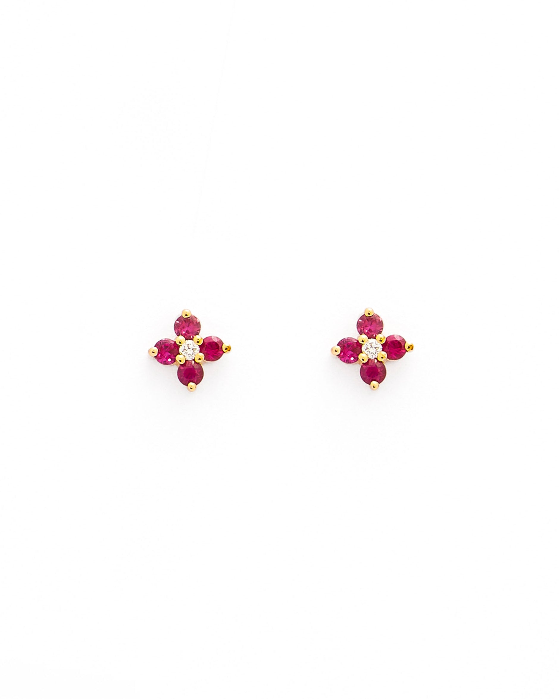 Sweet little ruby and diamonds flowers stud earrings in yellow gold