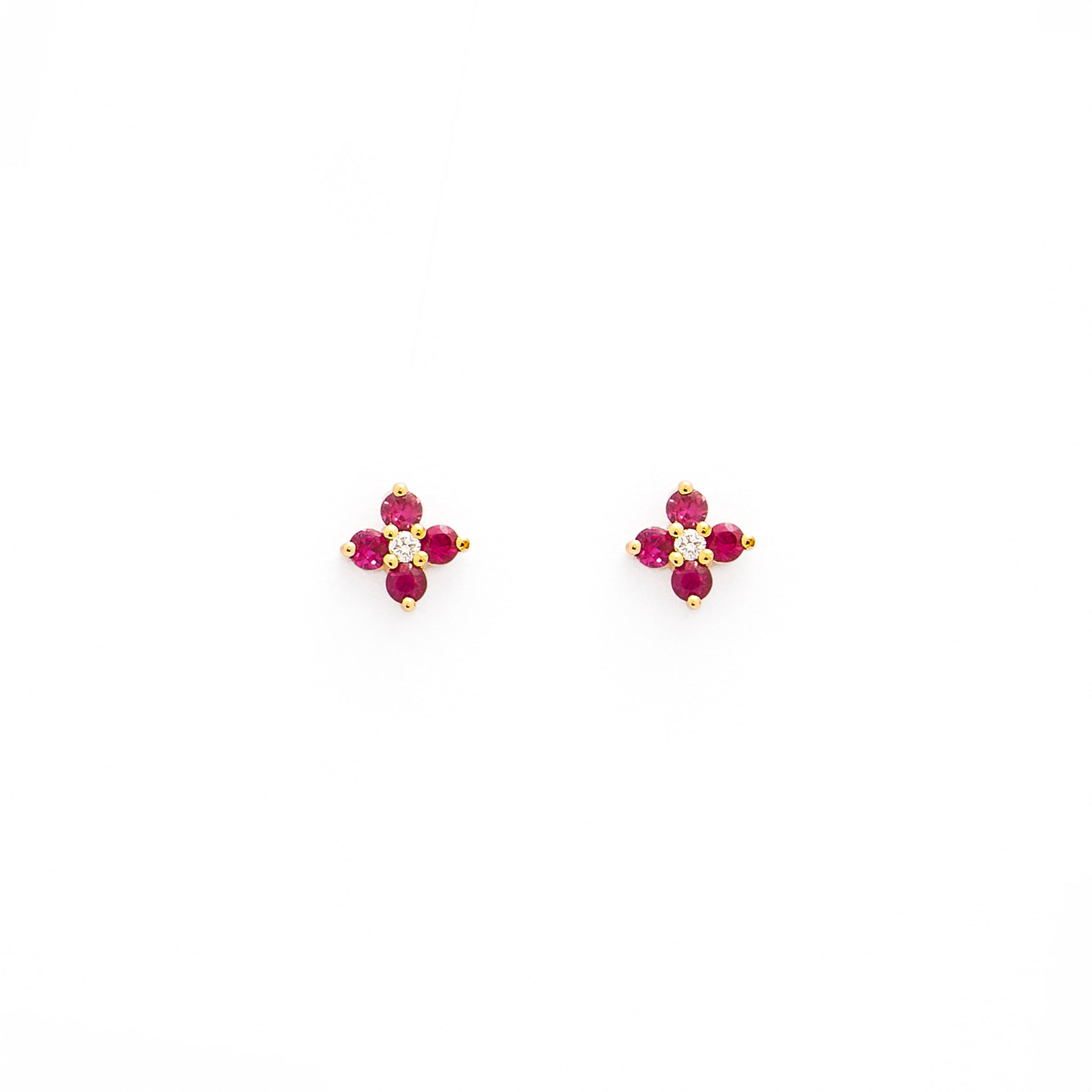 Sweet little ruby and diamonds flowers stud earrings in yellow gold