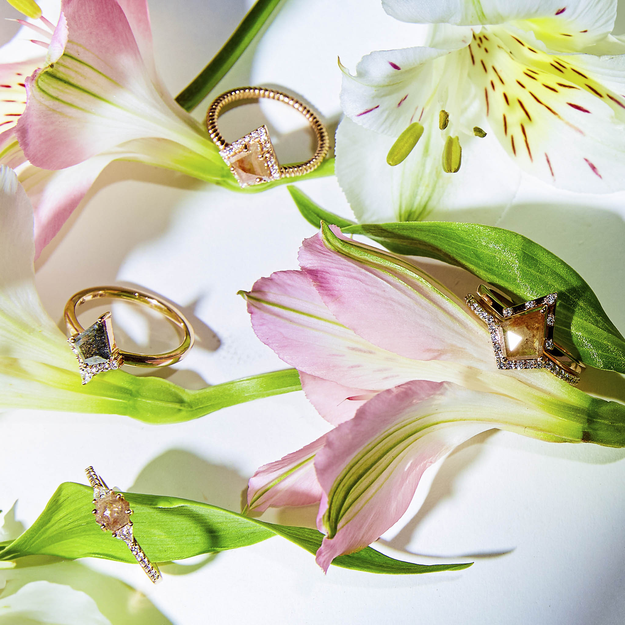 Salt and Pepper diamond rings on white background surrounded by flowers. Inele cu diamante salt and pepper pe fundal alb înconjurate de flori.