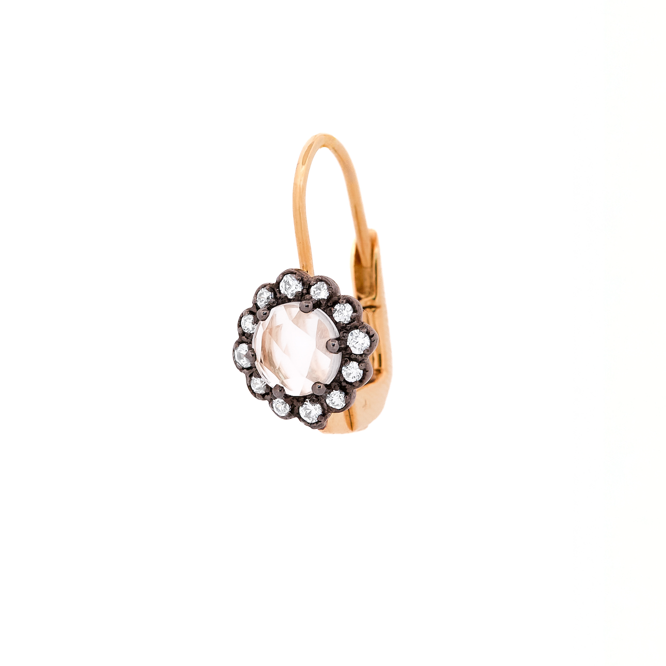 rose gold earring with rose cut diamond as a center stone surrounded by am array of round diamonds set in a black gold flower setting.