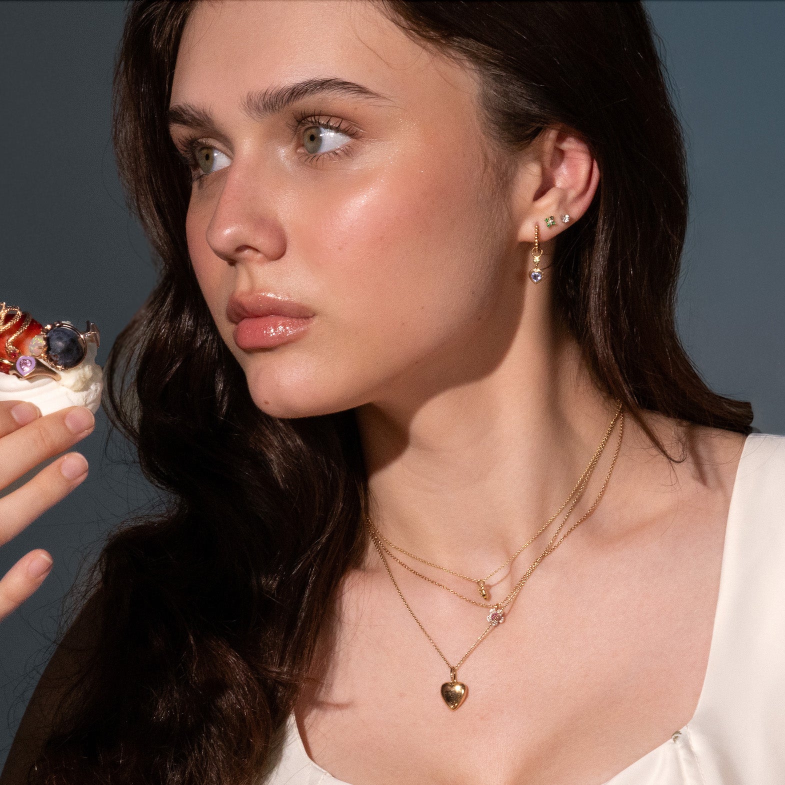 blue sapphire hearts accessories, dangling, sweet and colourful. Wear them with any of our hoop earrings like this beautiful model