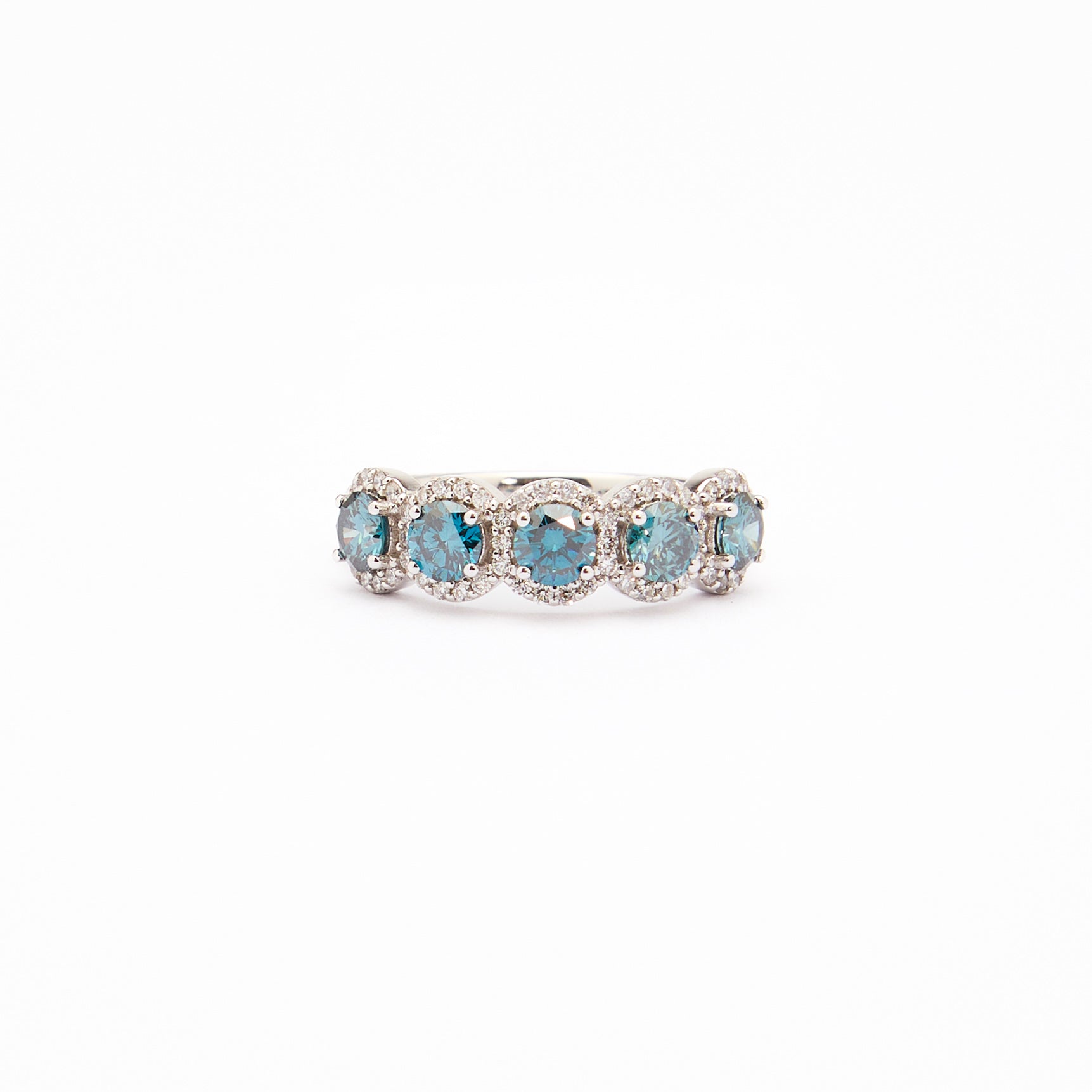 Blue Lab Diamonds and white diamonds ring in white gold, an absolutely mesmerising piece with five blue diamonds as the main stones, surrounded by white diamonds, divine.