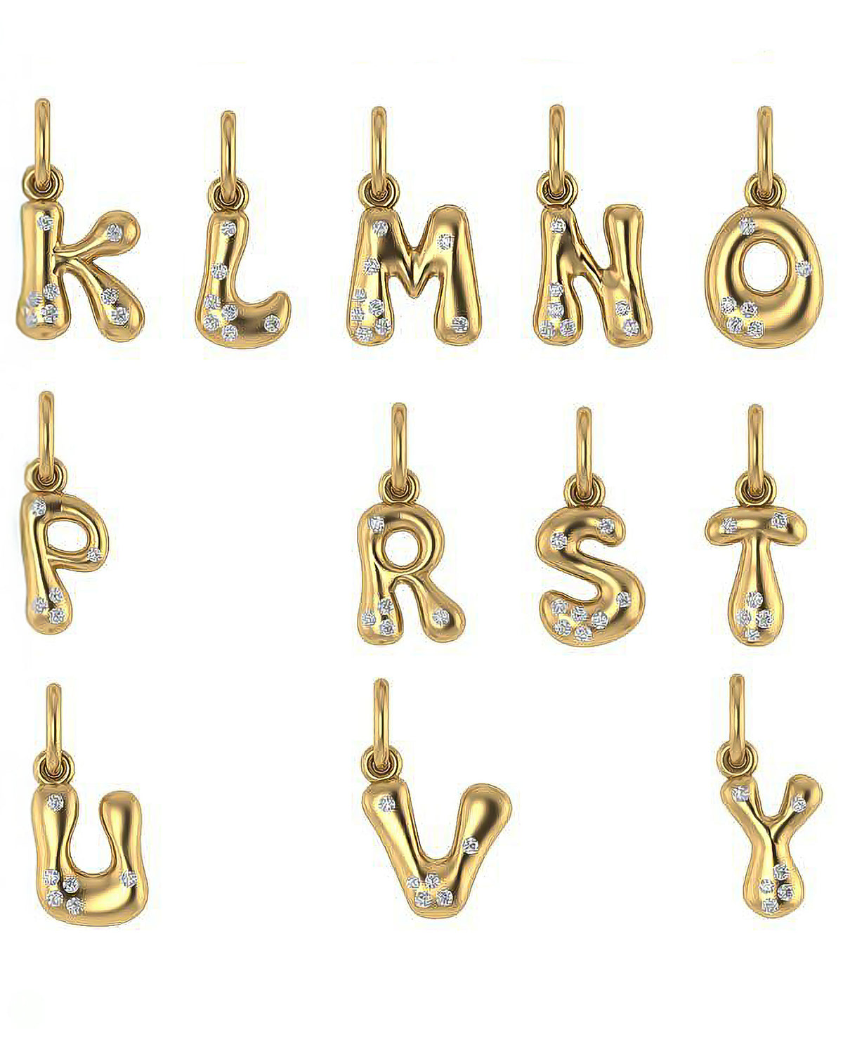 Gold letter pendants with sprinkled diamonds on a white background