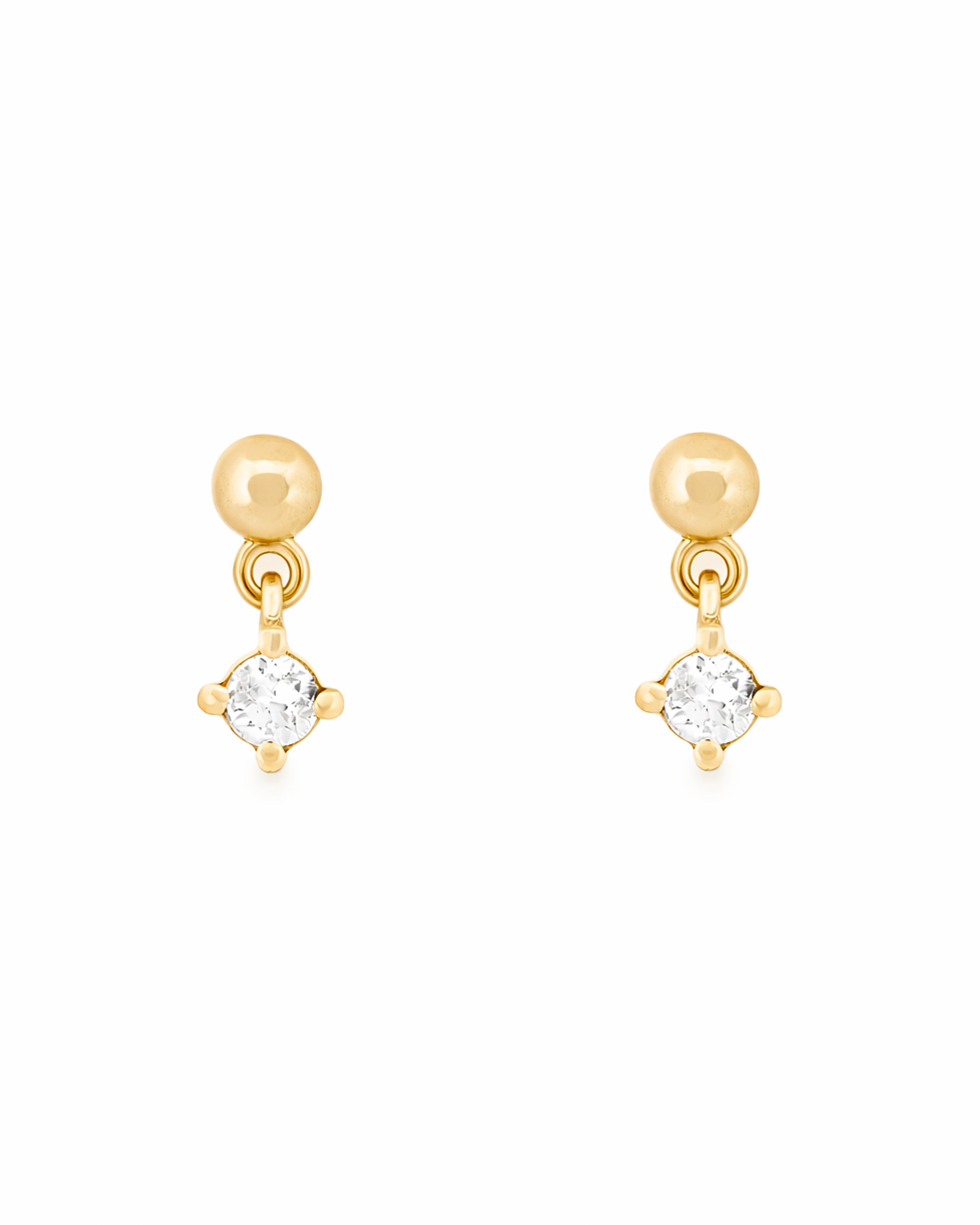 Yellow gold earrings with round diamonds on a white background