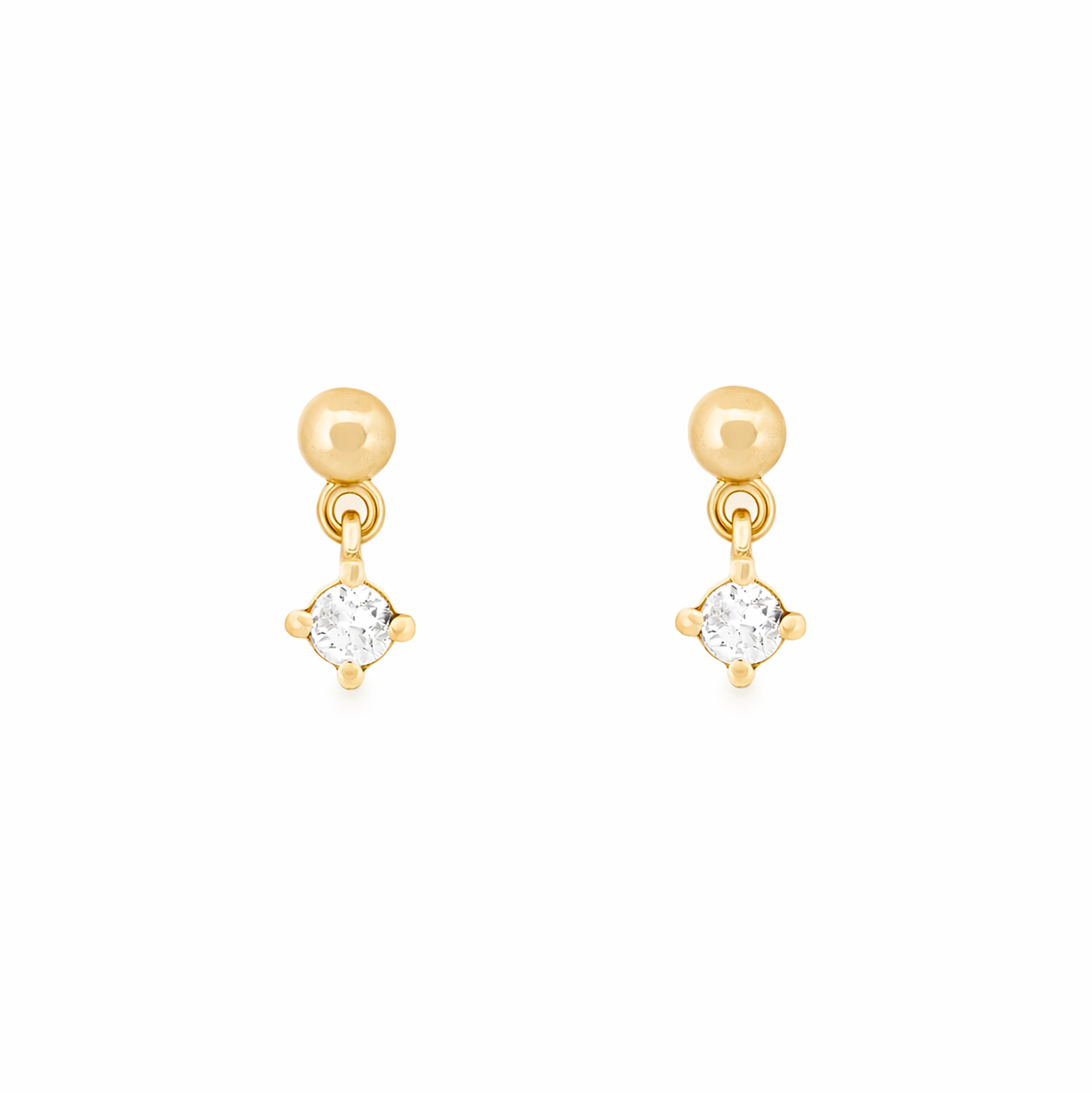 Yellow gold earrings with round diamonds on a white background