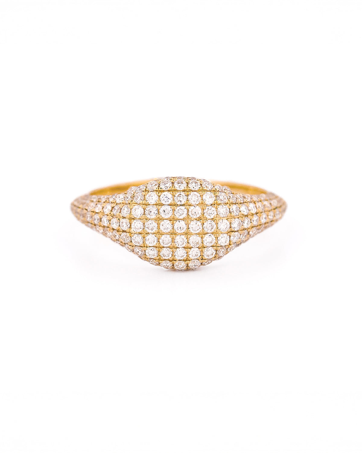 Gold ring with pave diamonds accents on a white background