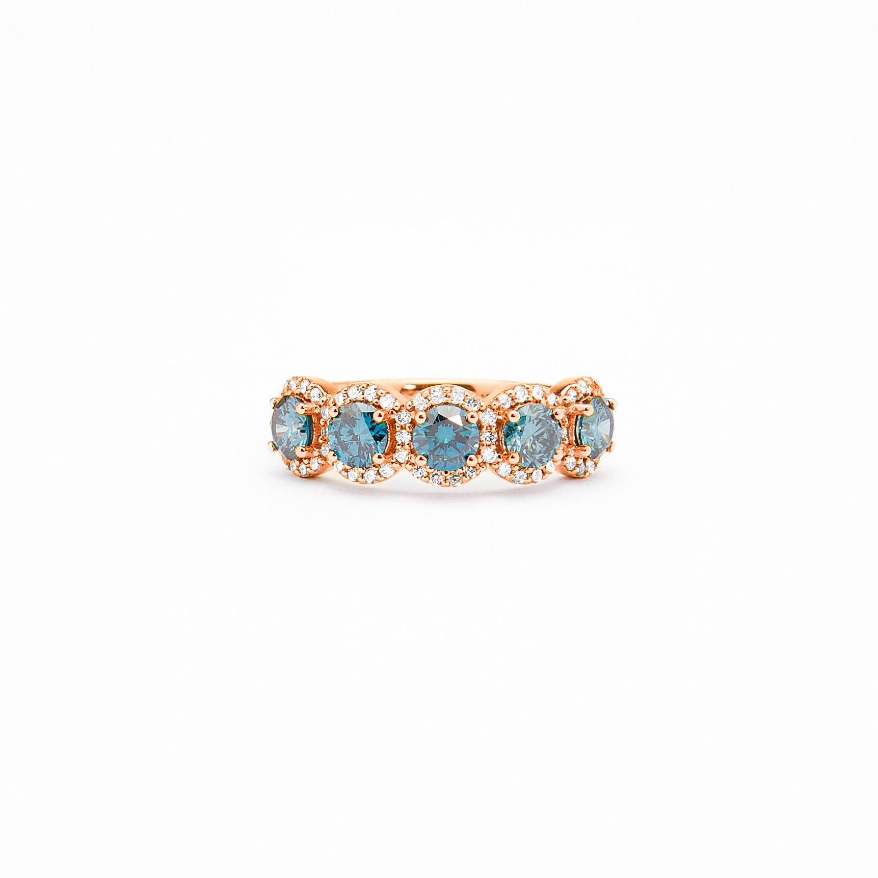 Blue Lab Diamonds and white diamonds ring in rose gold, an absolutely mesmerising piece with five blue diamonds as the main stones, surrounded by white diamonds, divine.